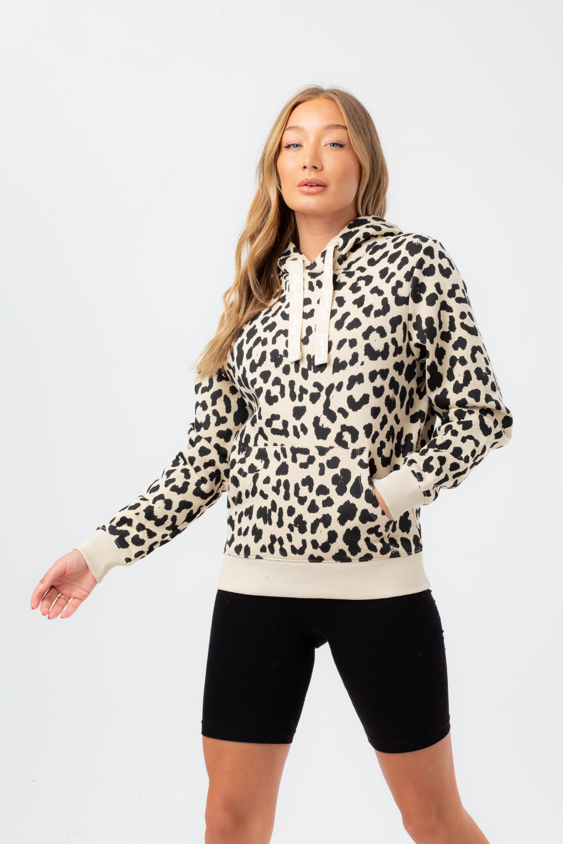 hype womens cream cheetah justhype drawcord hoodie