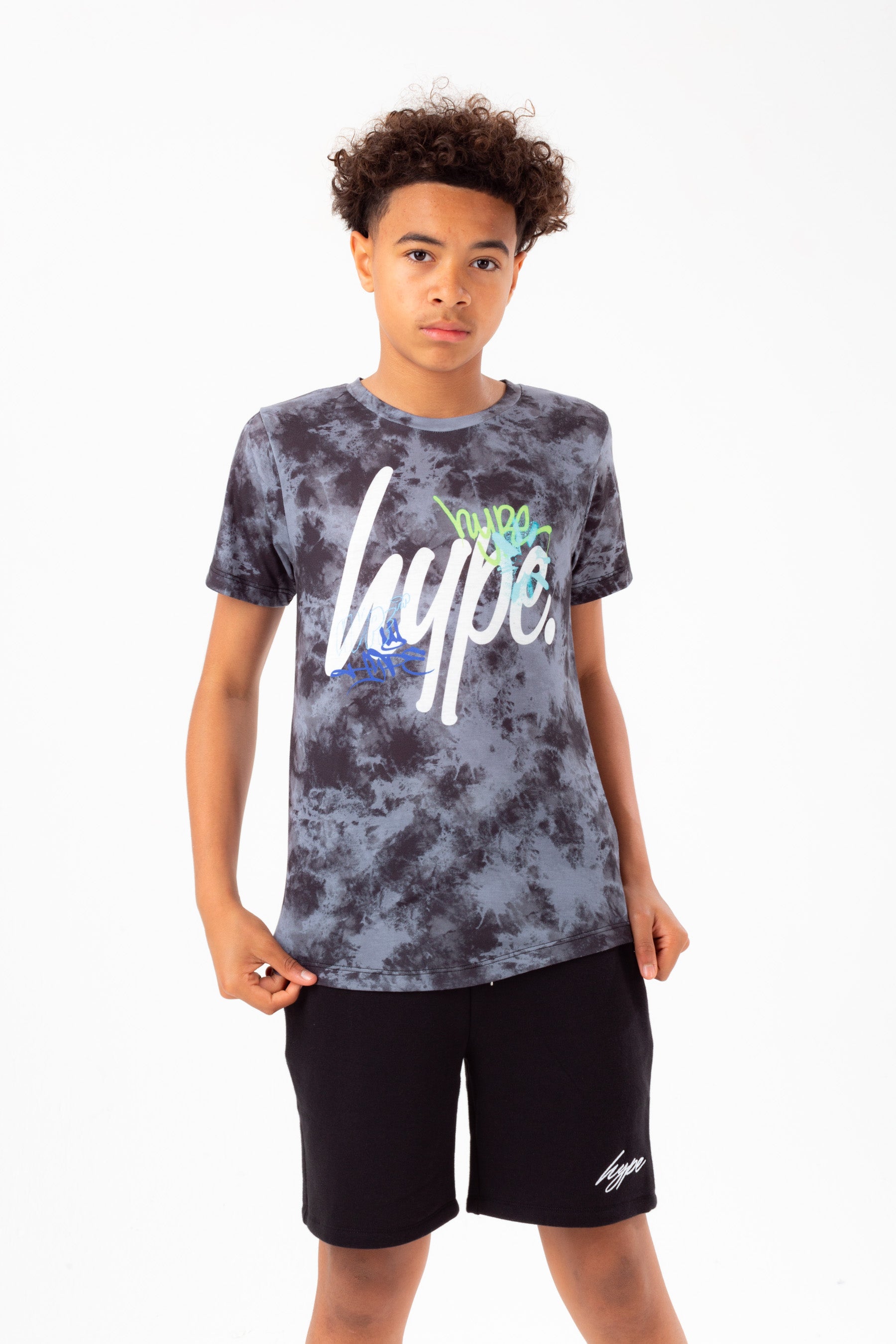 hype boys black tie dye graffiti script t-shirt