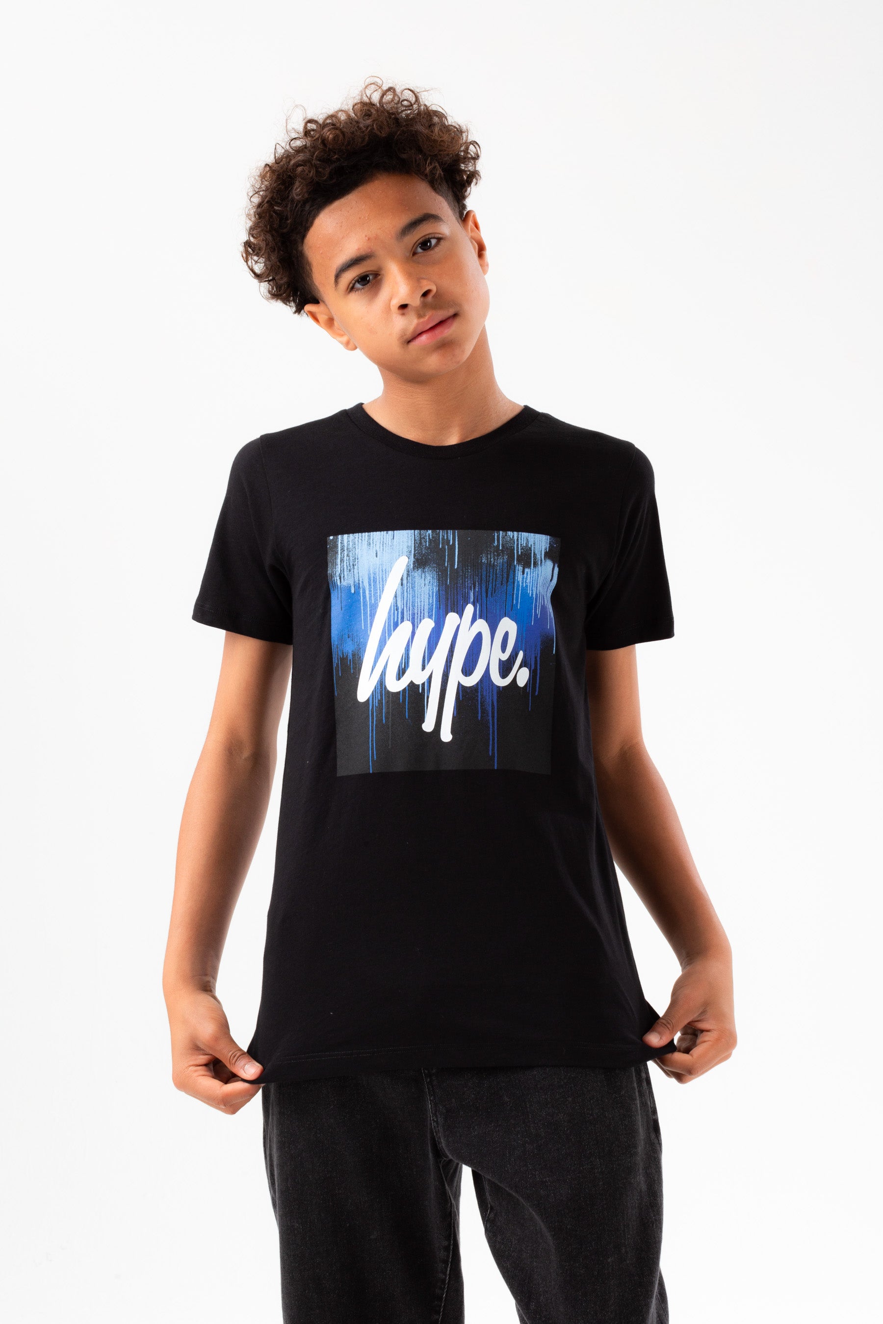 hype boys black blue drips box script t-shirt