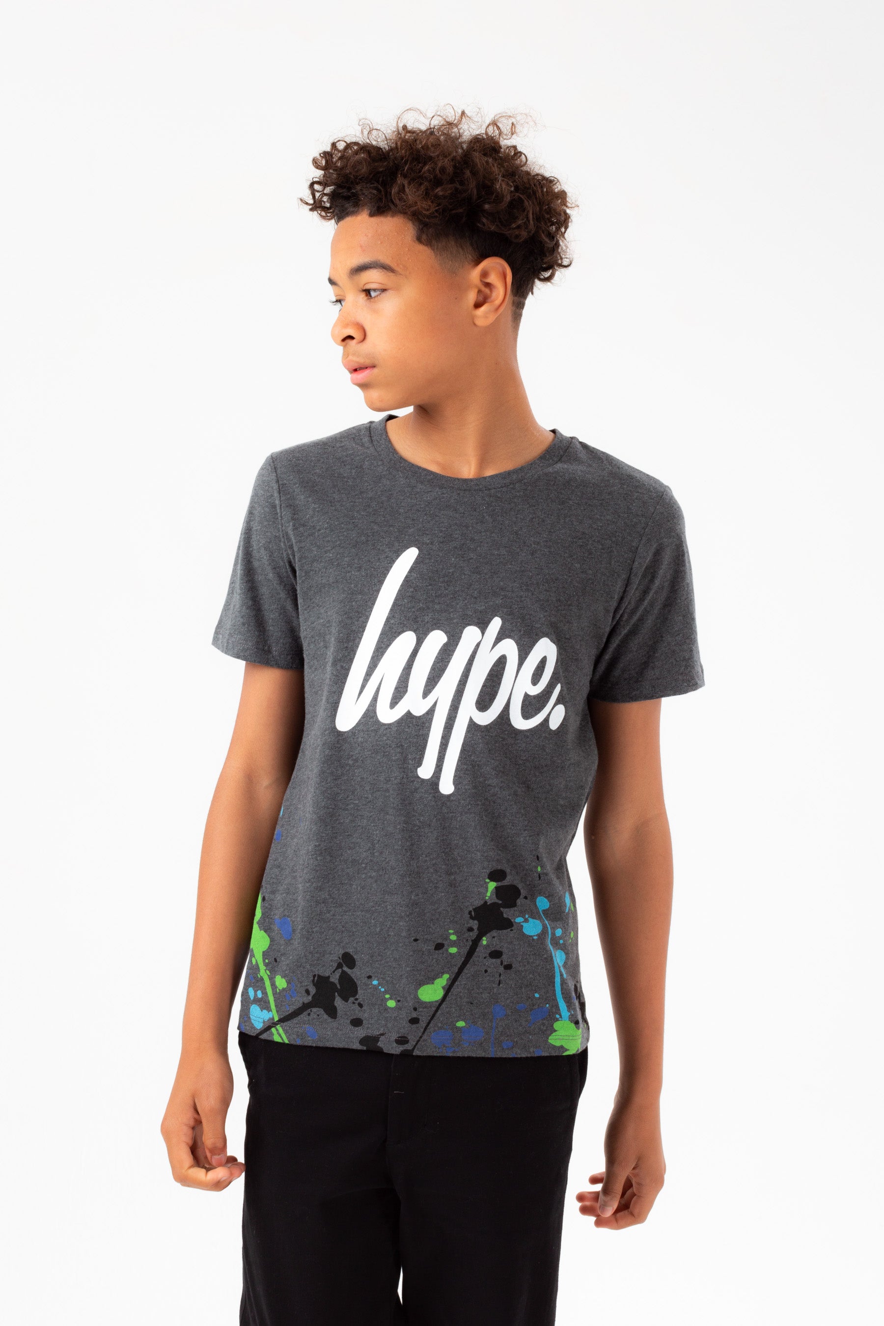 hype boys dark grey marl blue splat script t-shirt