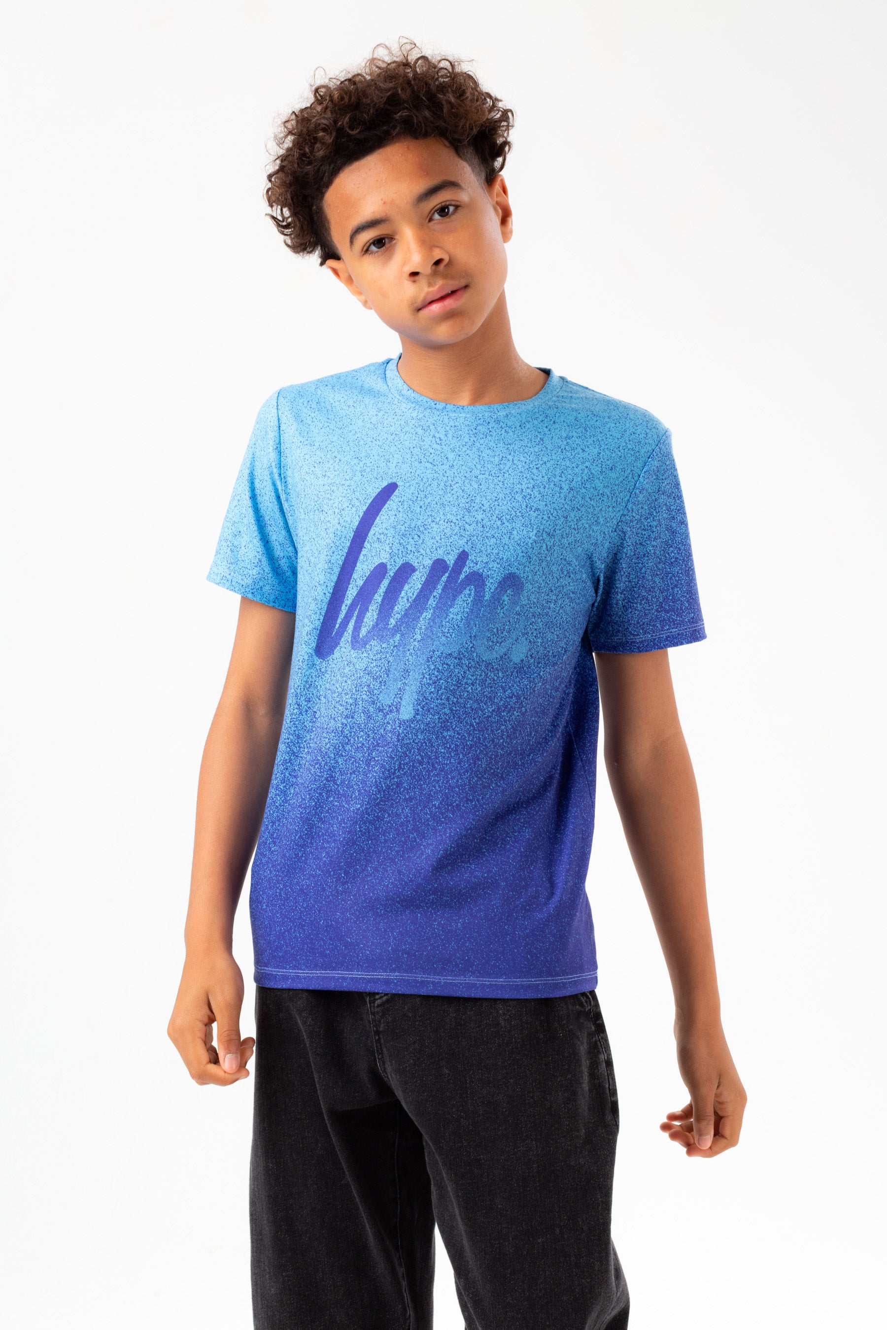 hype boys blue speckle fade script t-shirt