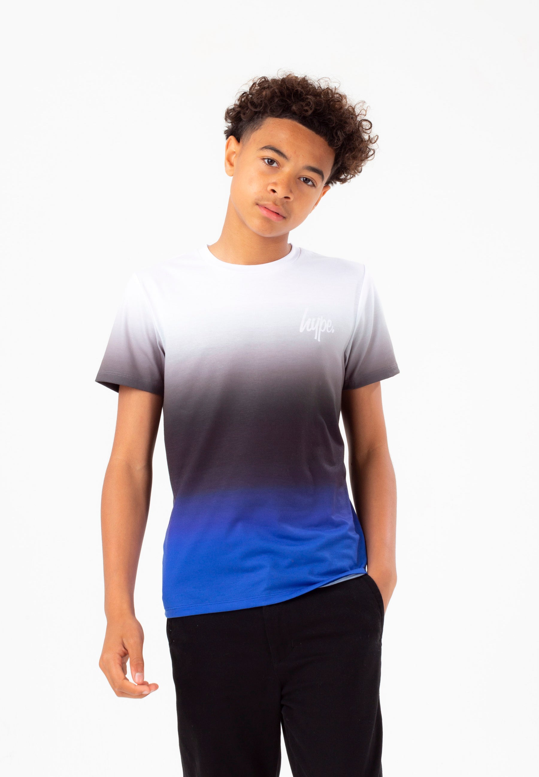 hype boys black blue fade script t-shirt