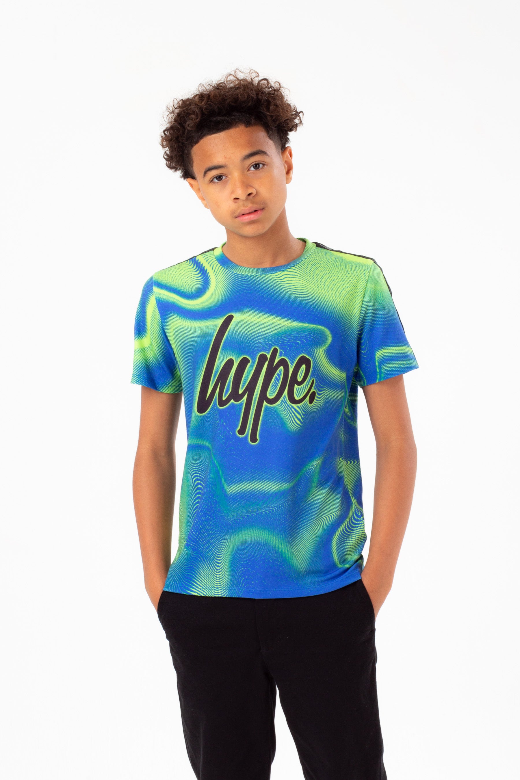 hype boys blue neon line wave tape green outline script t-shirt