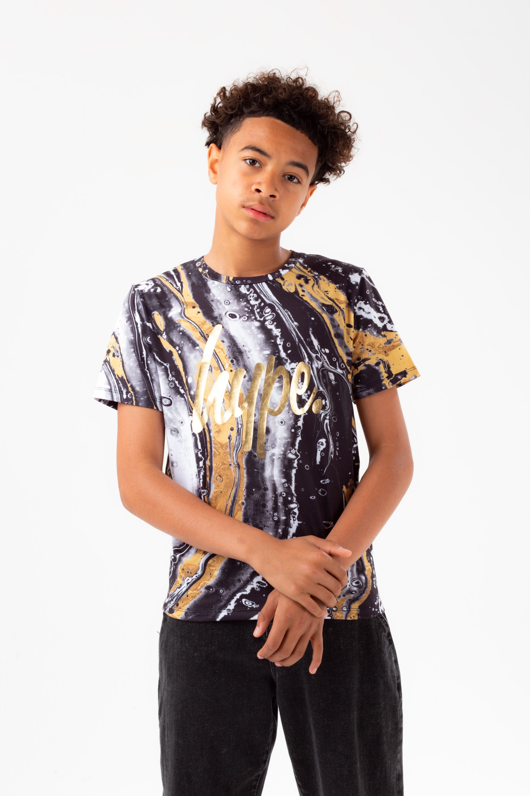 hype boys black marble gold foil script t-shirt