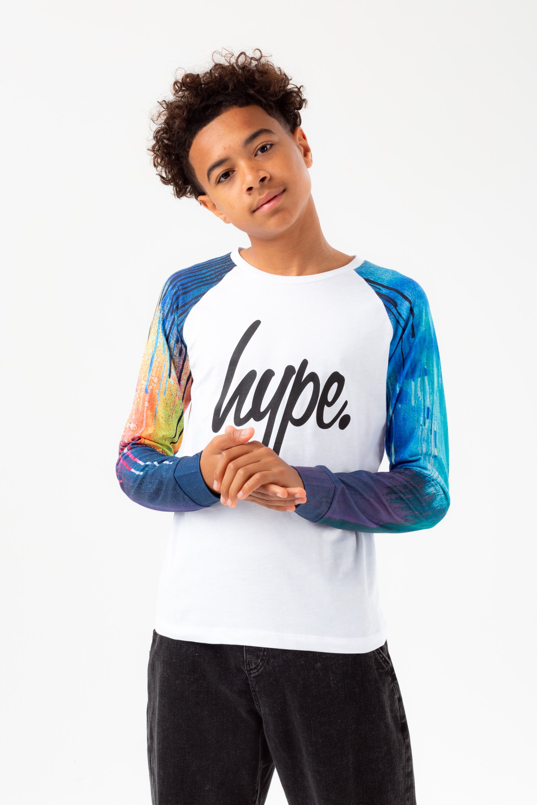 hype boys white contrast watercolour drips script l/s t-shirt