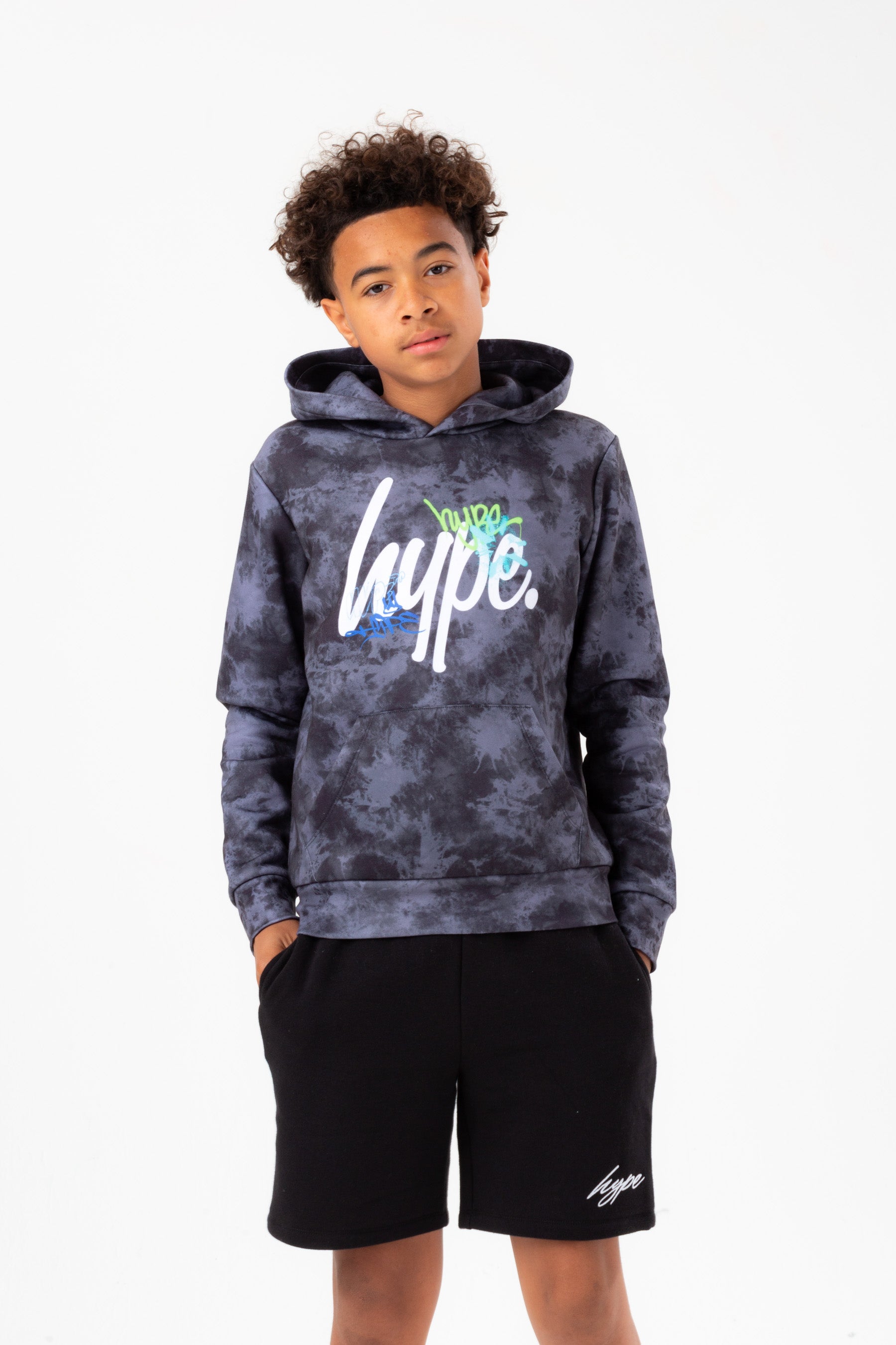 hype boys black tie dye graffiti script hoodie