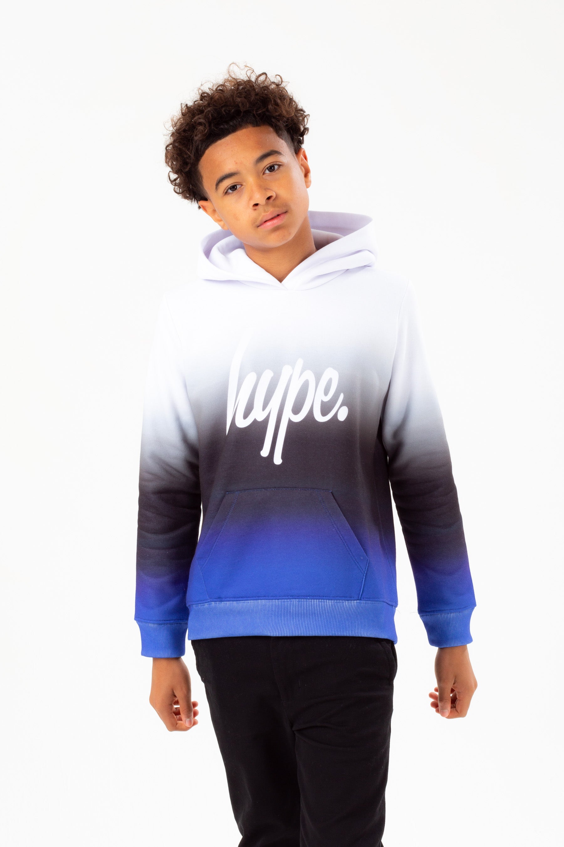 hype boys white black blue fade script hoodie