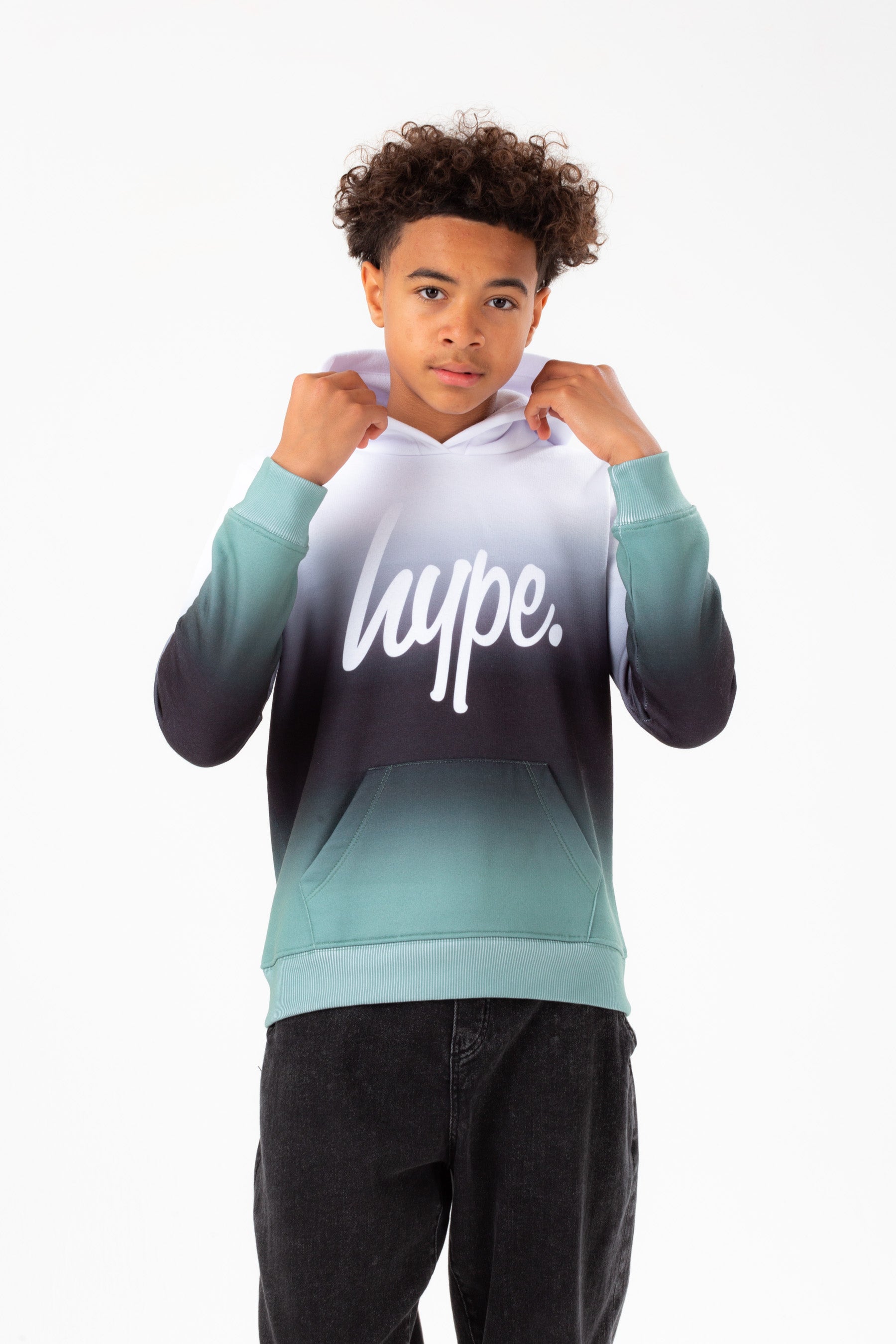 hype boys white khaki black fade script hoodie