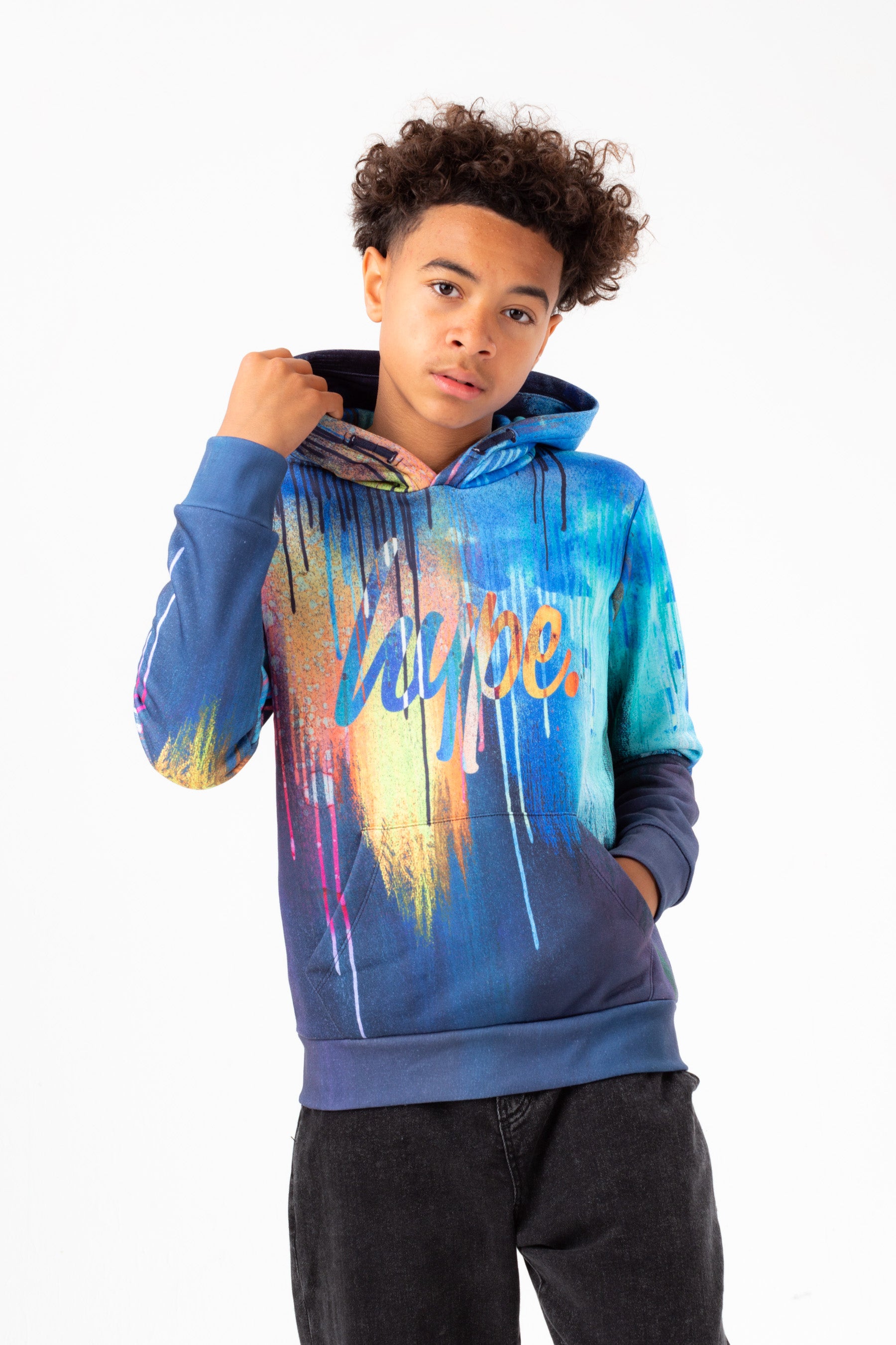 hype boys navy watercolour drips script hoodie