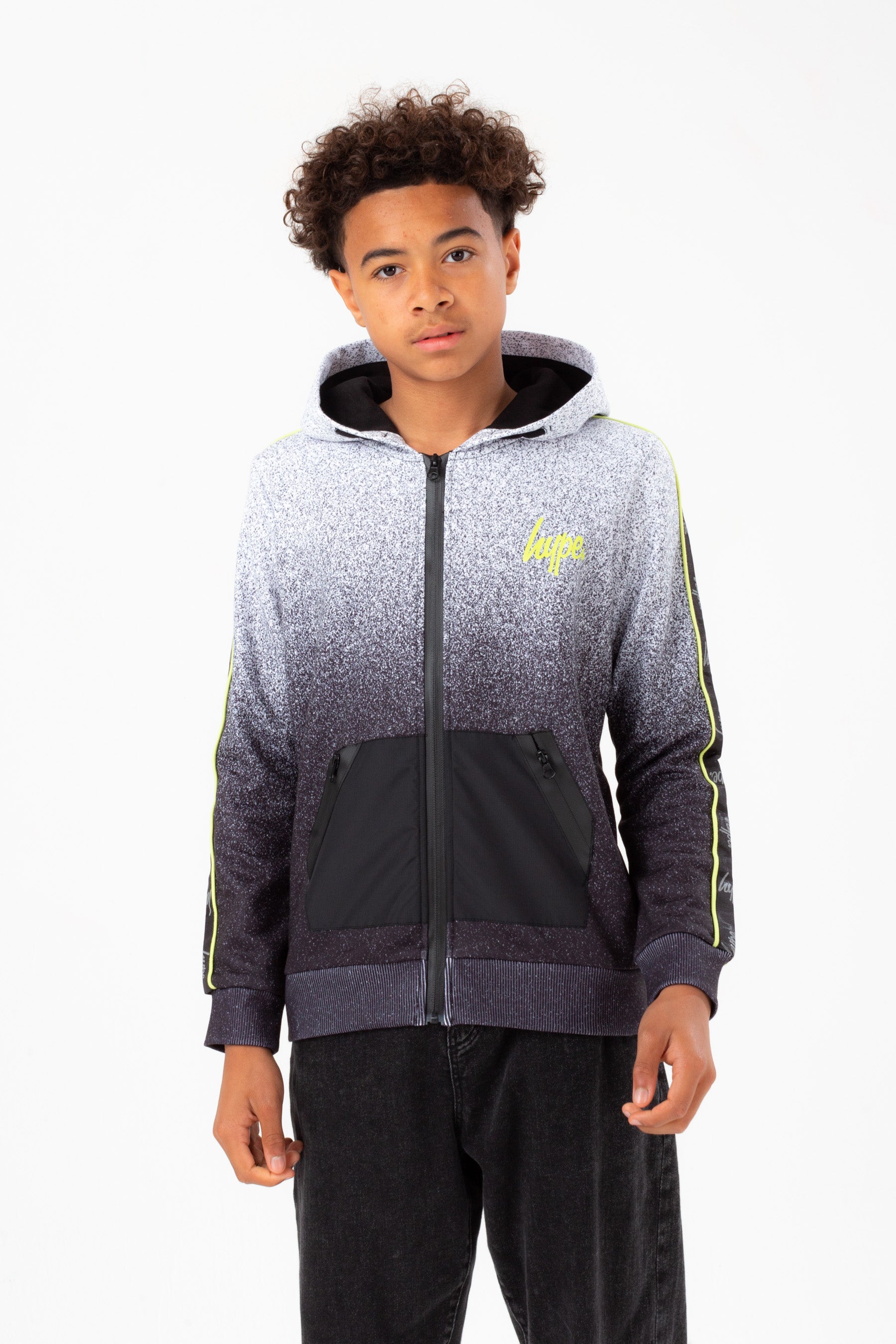 hype boys mono speckle fade lime tape script zip hoodie