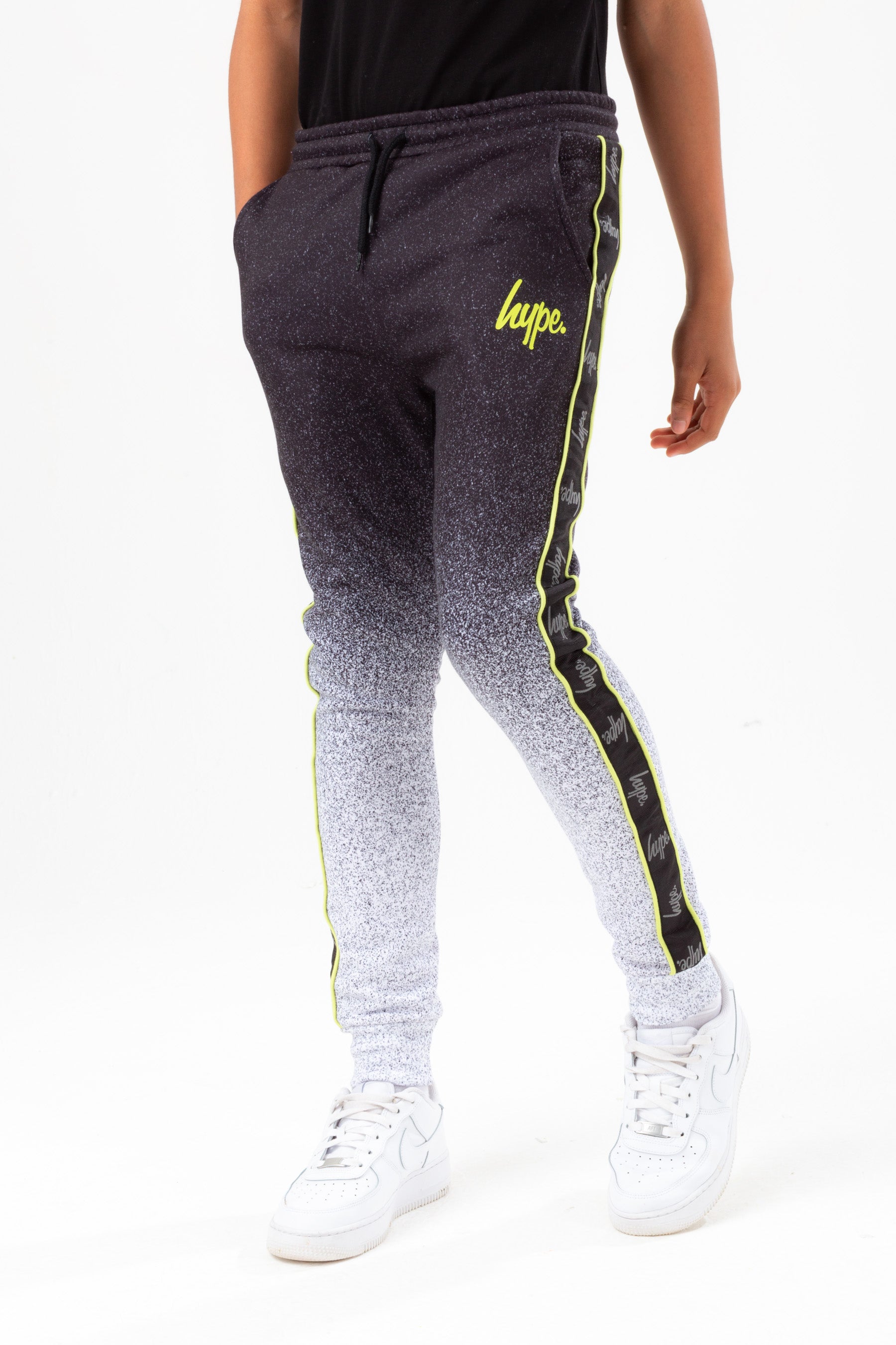 hype boys mono speckle fade lime tape script joggers