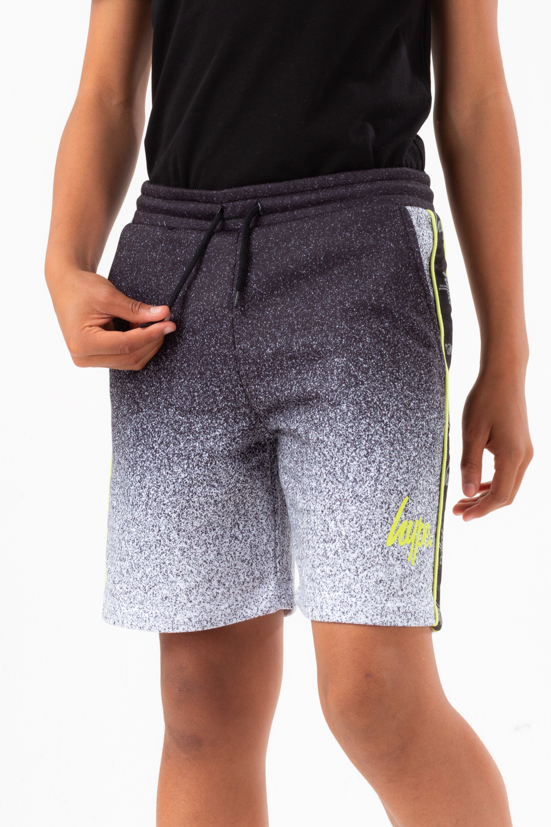 hype boys mono speckle fade lime tape script shorts