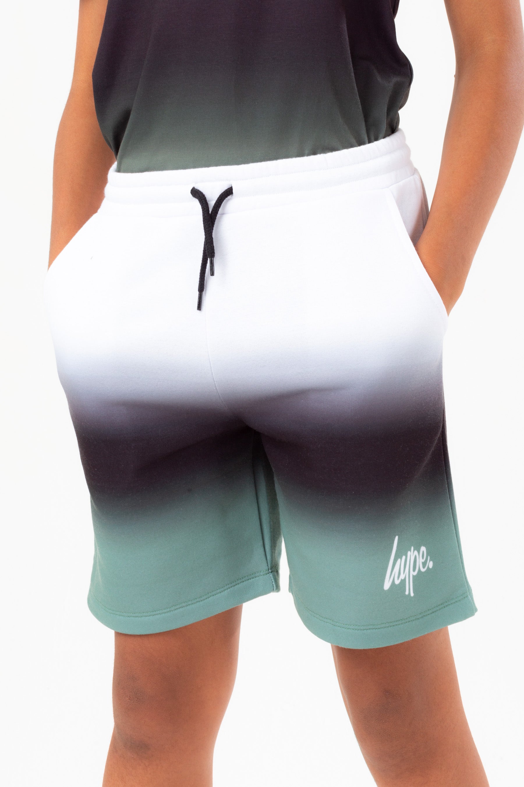 hype boys white black khaki fade script shorts