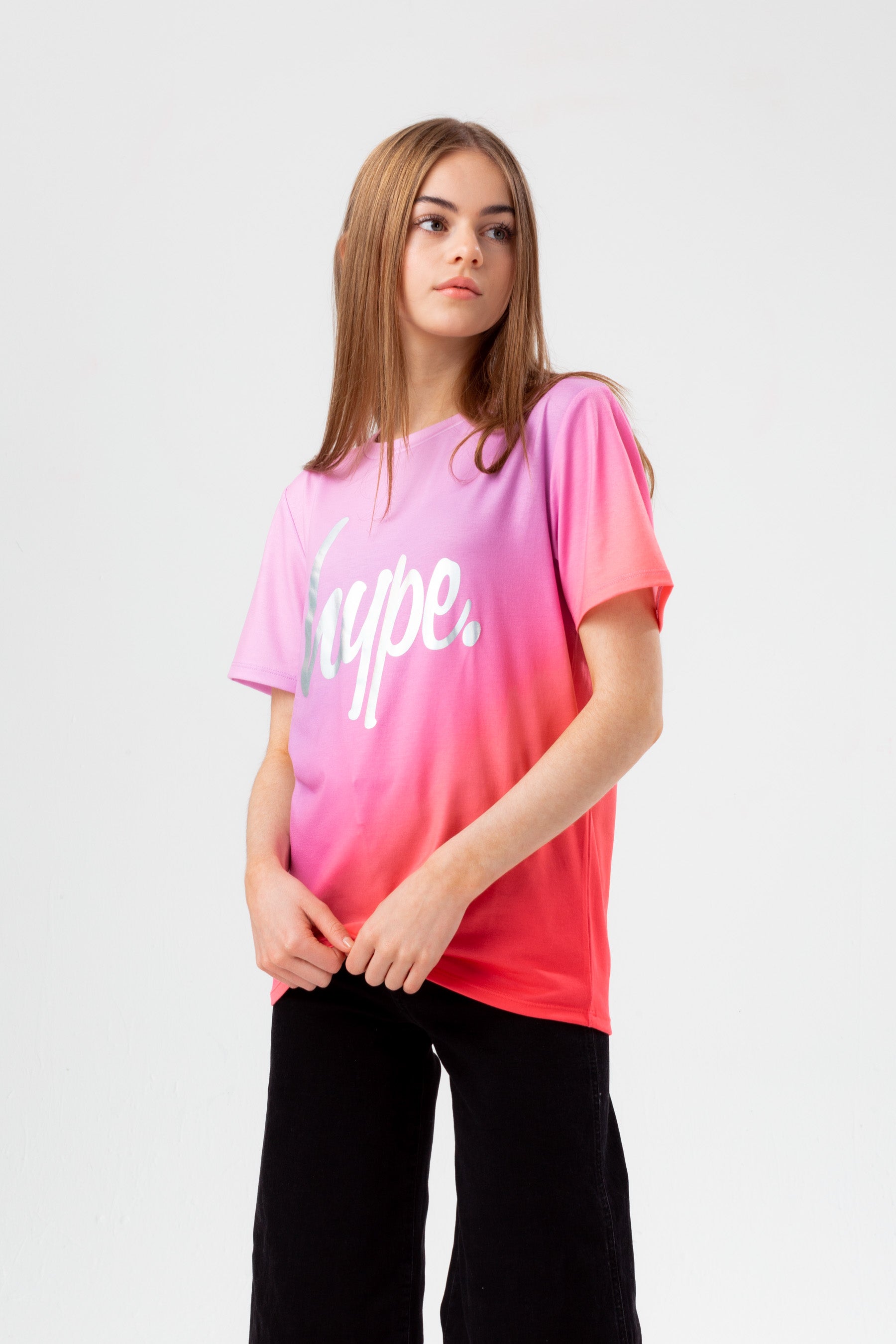 hype girls pink fade holographic script t-shirt