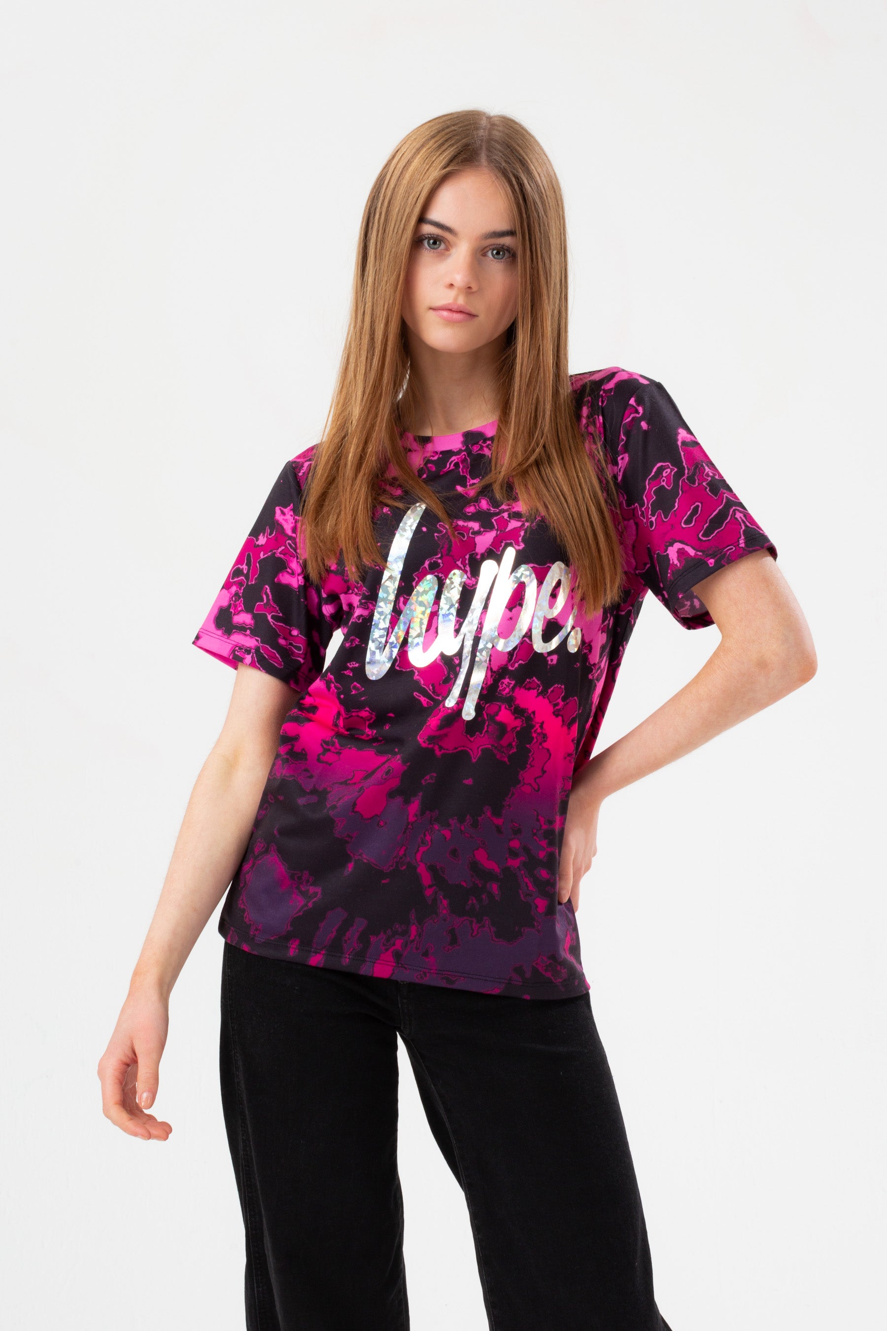hype girls pink fade tie dye silver script t-shirt