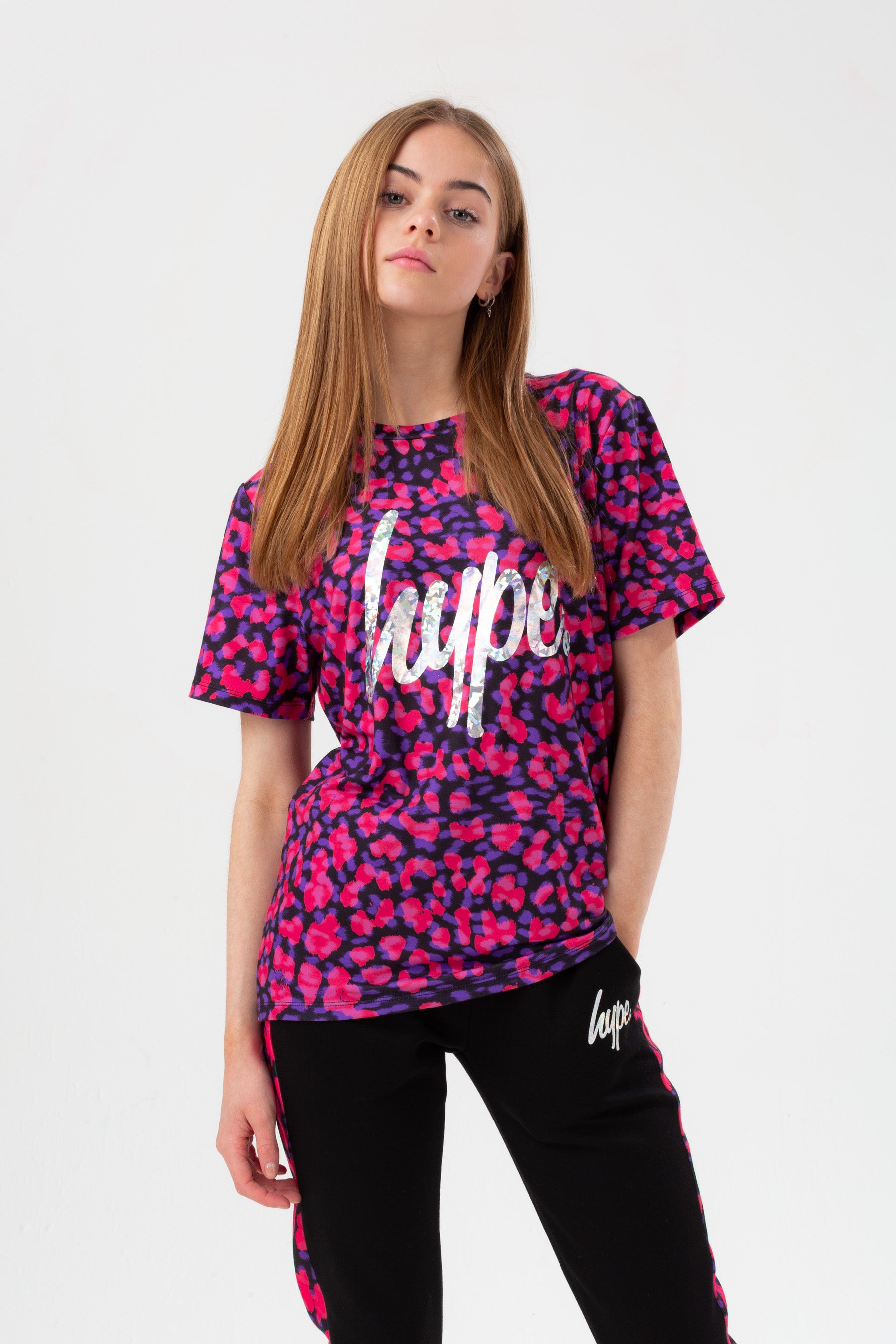 hype girls purple neon cheetah foil script t-shirt