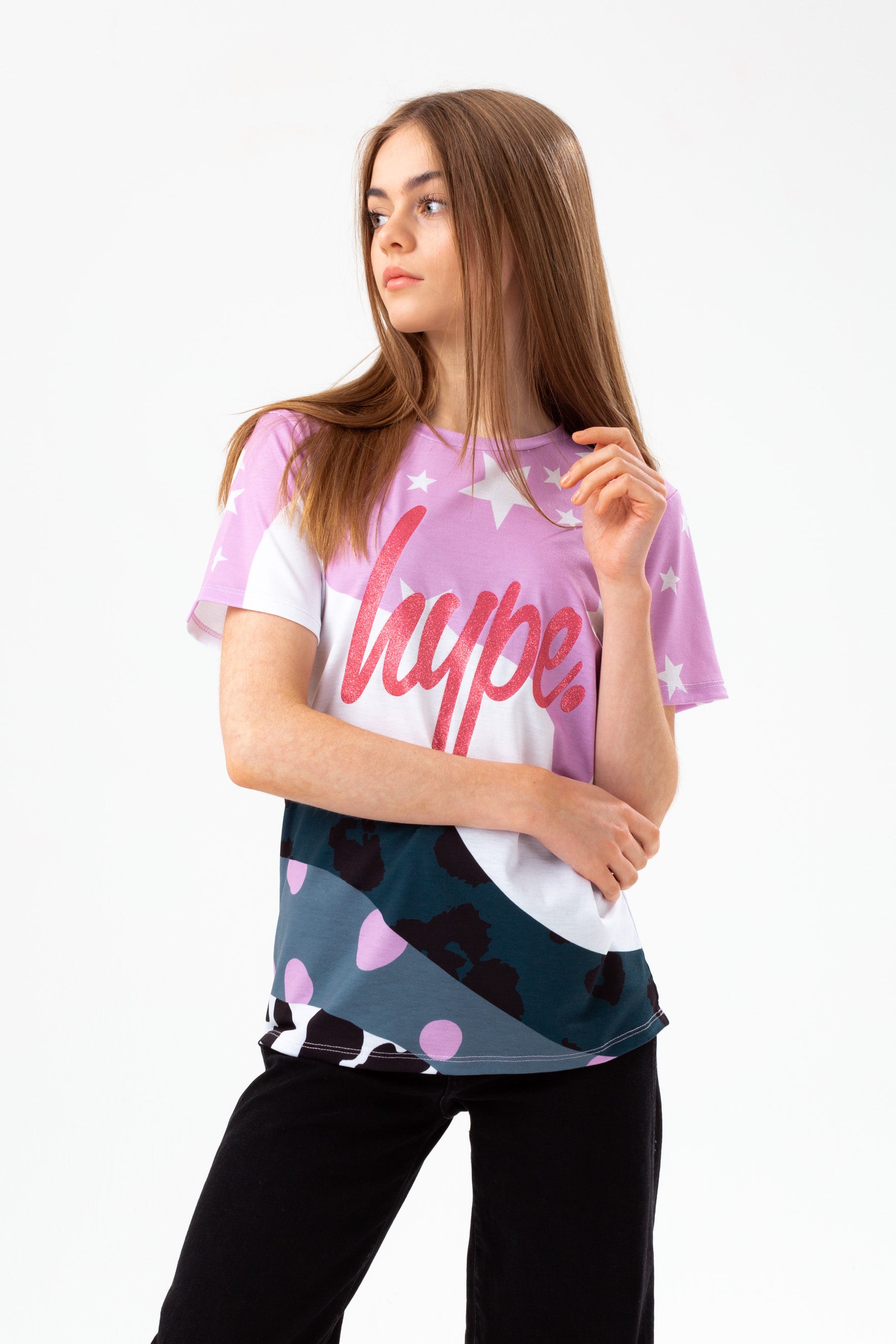 hype girls purple star wave glitter script t-shirt