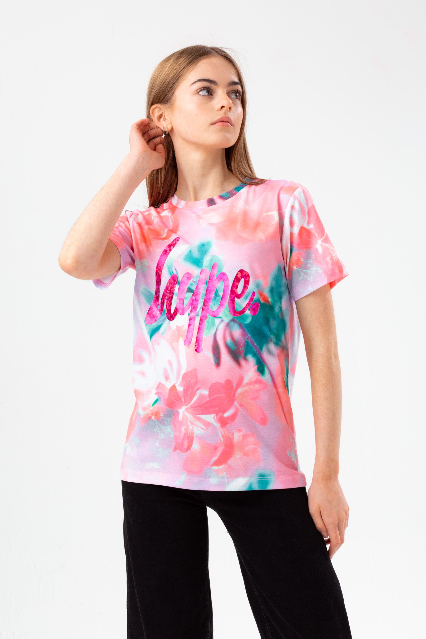 hype girls pink frosty flower foil script t-shirt