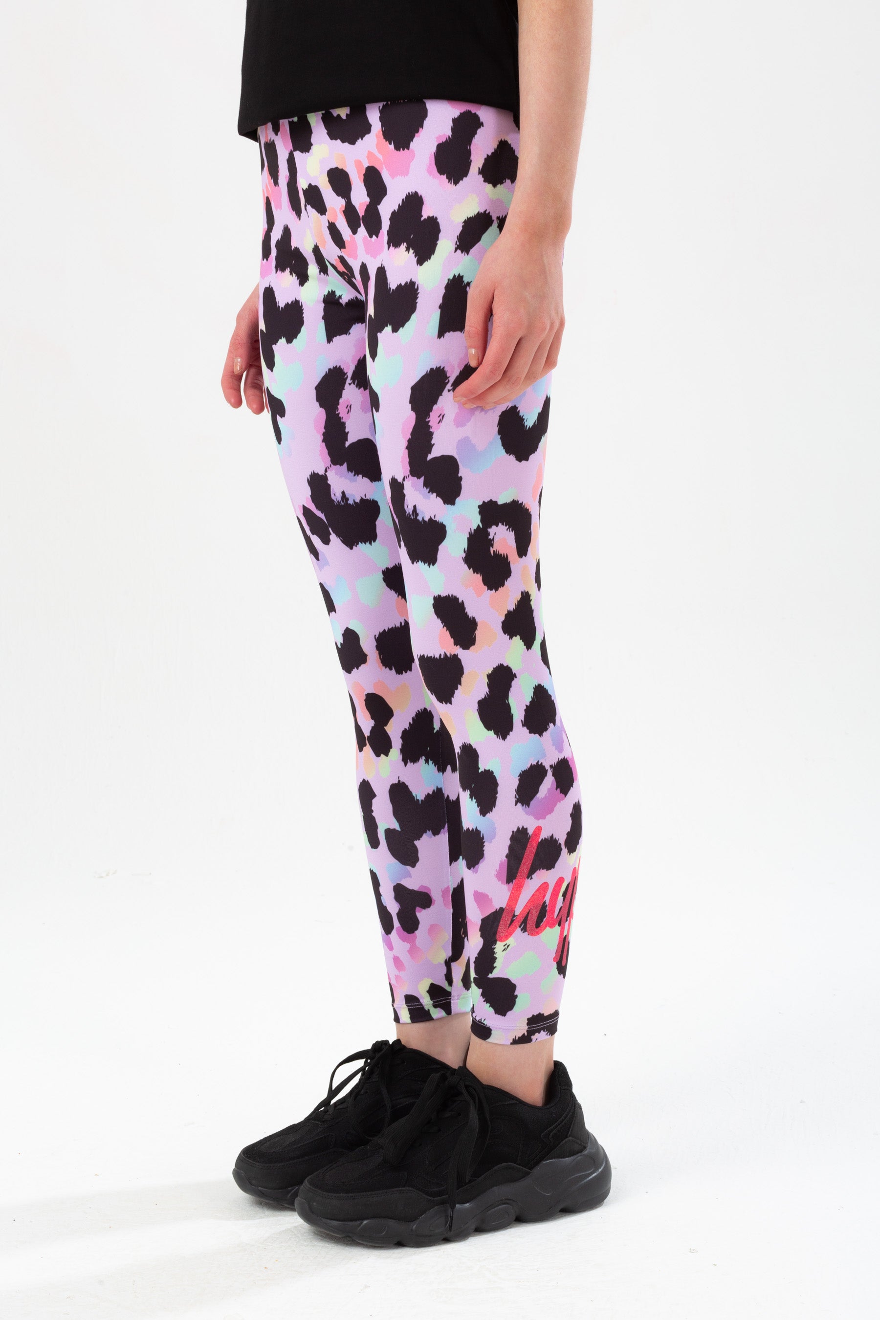 hype girls rainbow leopard glitter script leggings