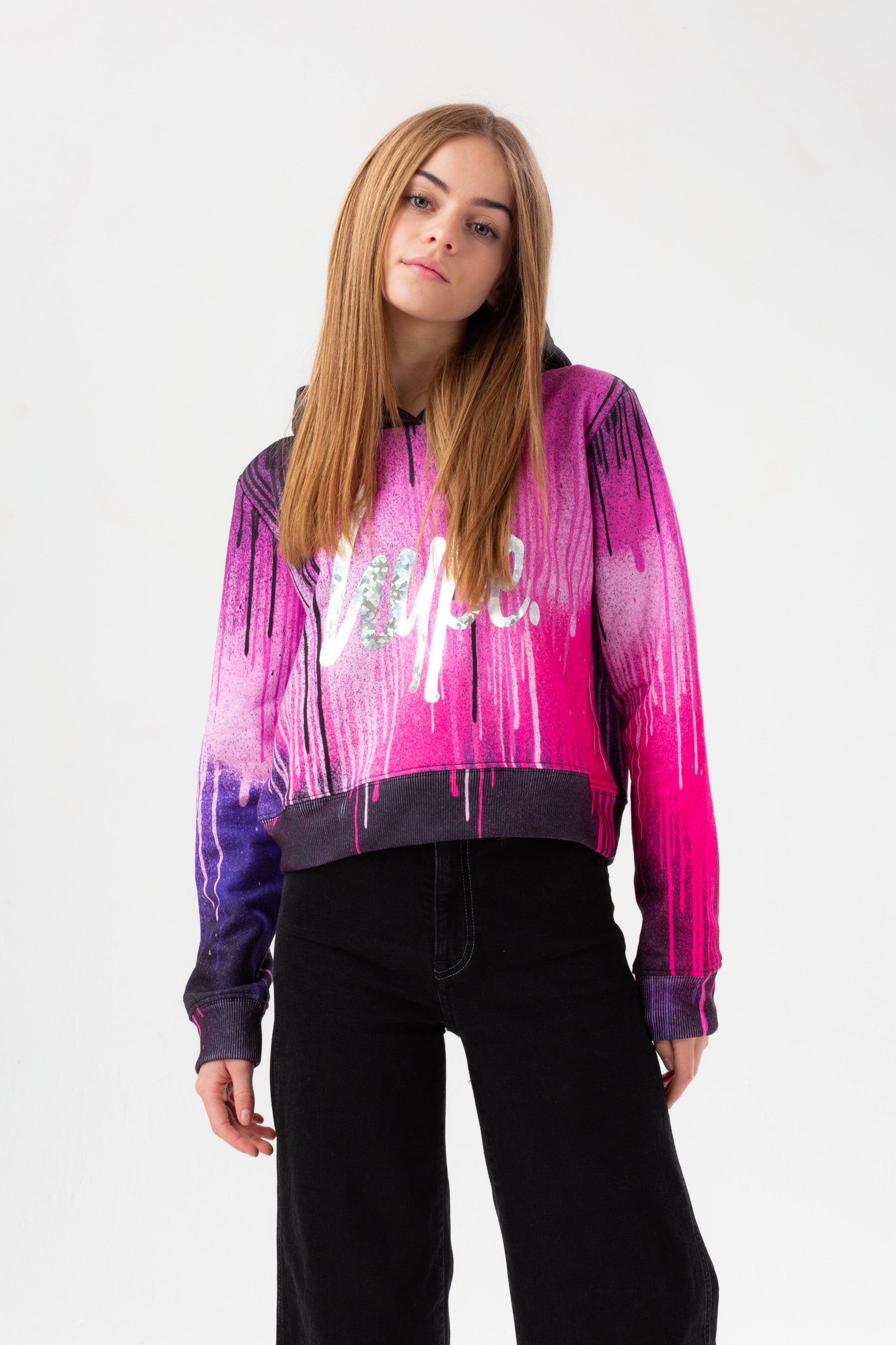 hype girls dark pink drips silver foil script cropped hoodie