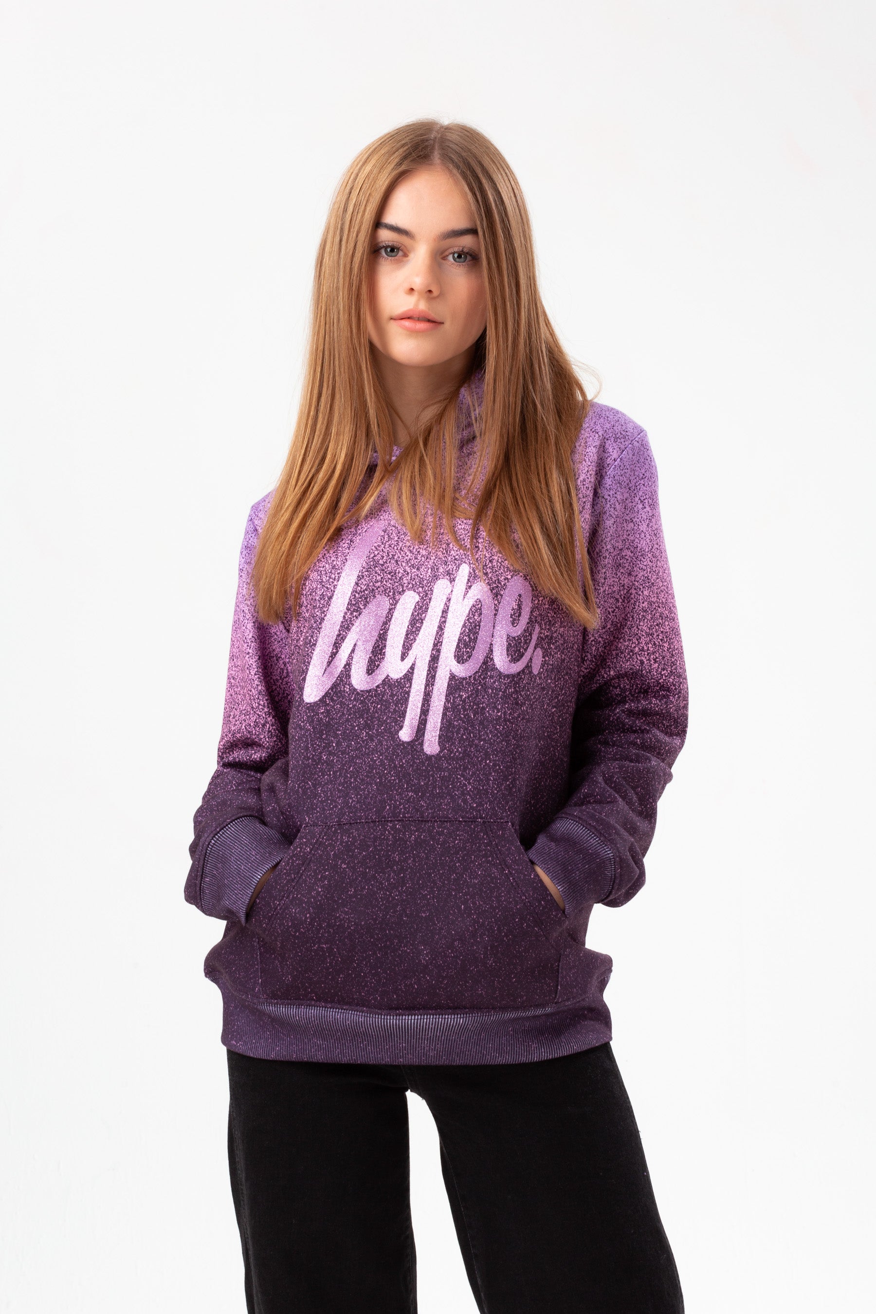 hype girls purple speckle fade glitter script hoodie