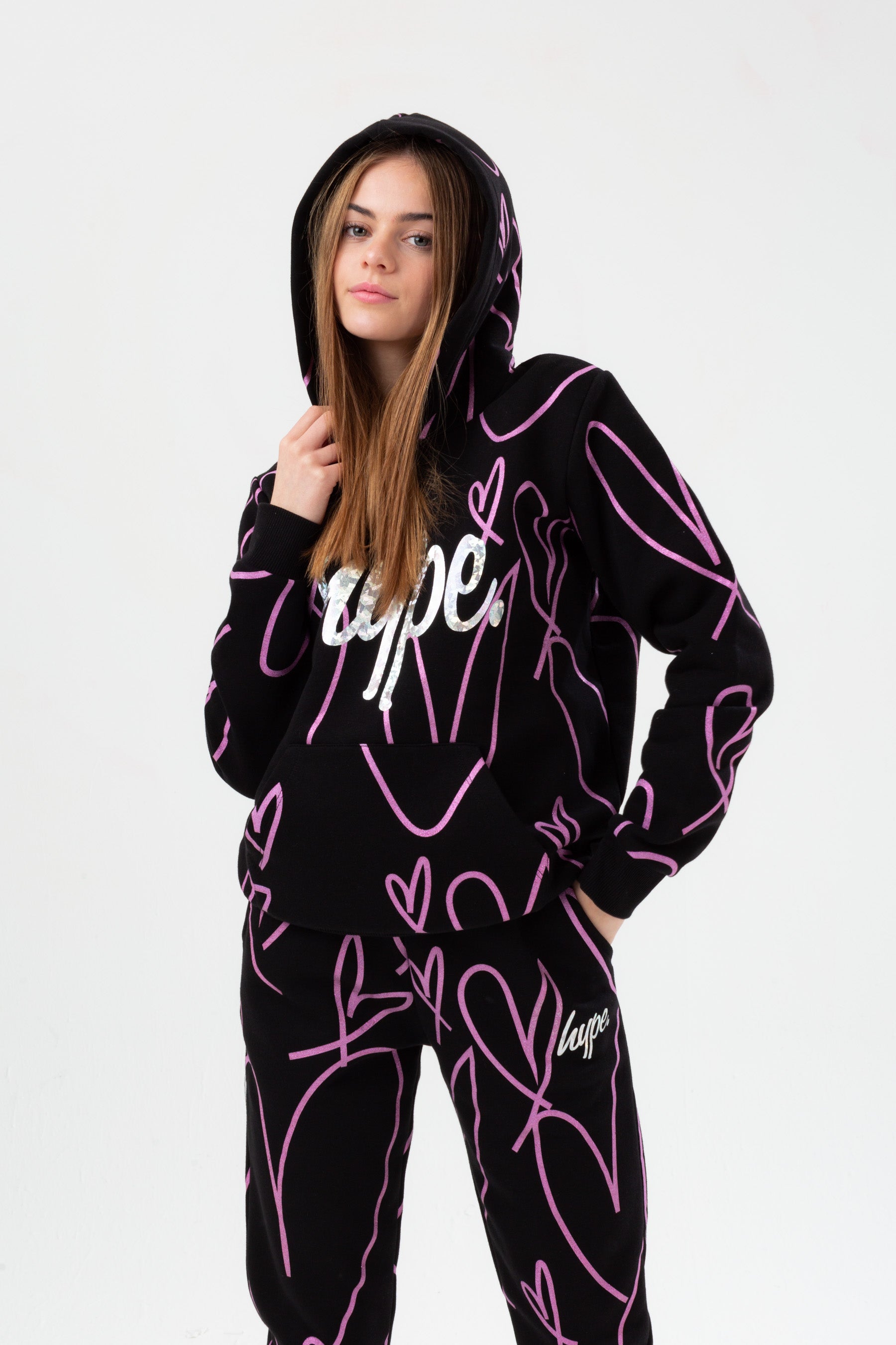 hype girls black holographic sketch foil script hoodie