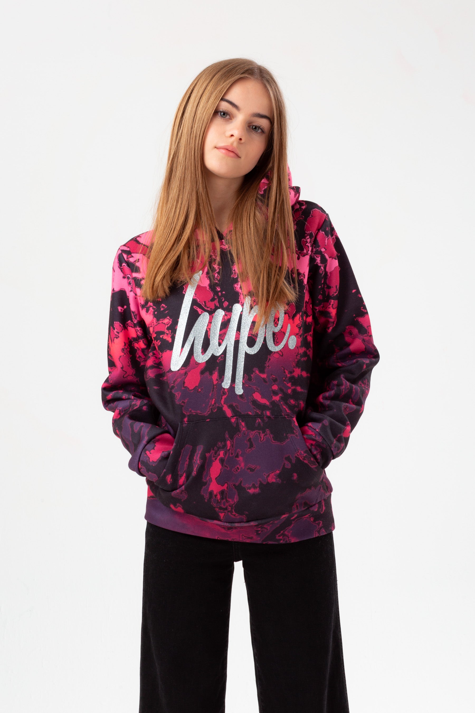 hype girls pink fade tie dye silver glitter script hoodie