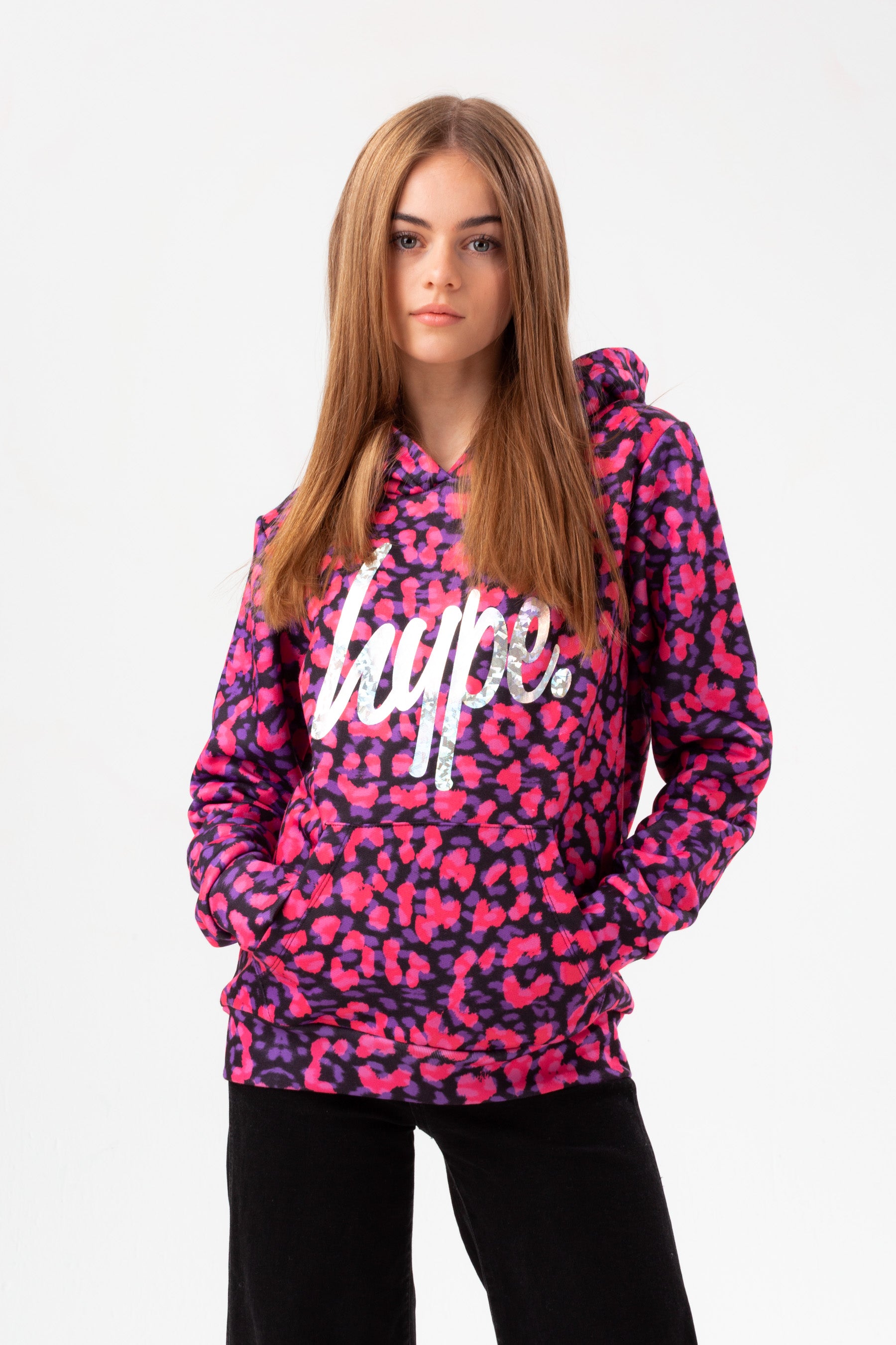 hype girls purple neon cheetah foil script hoodie