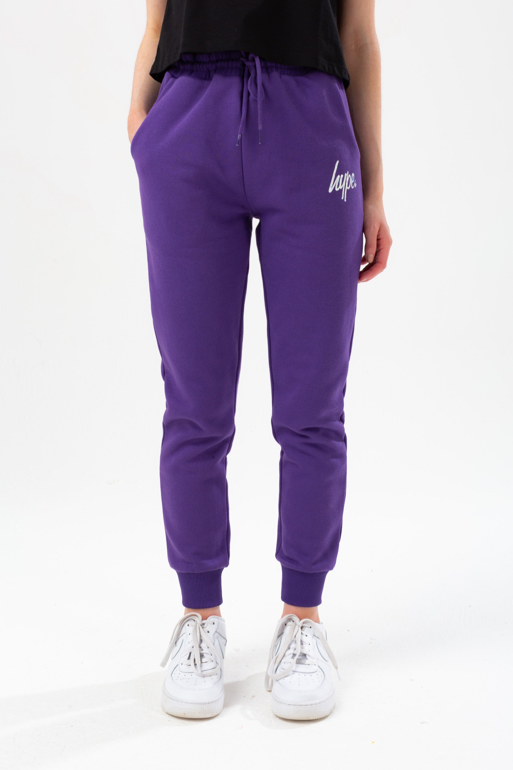 hype girls purple silver holographic script joggers