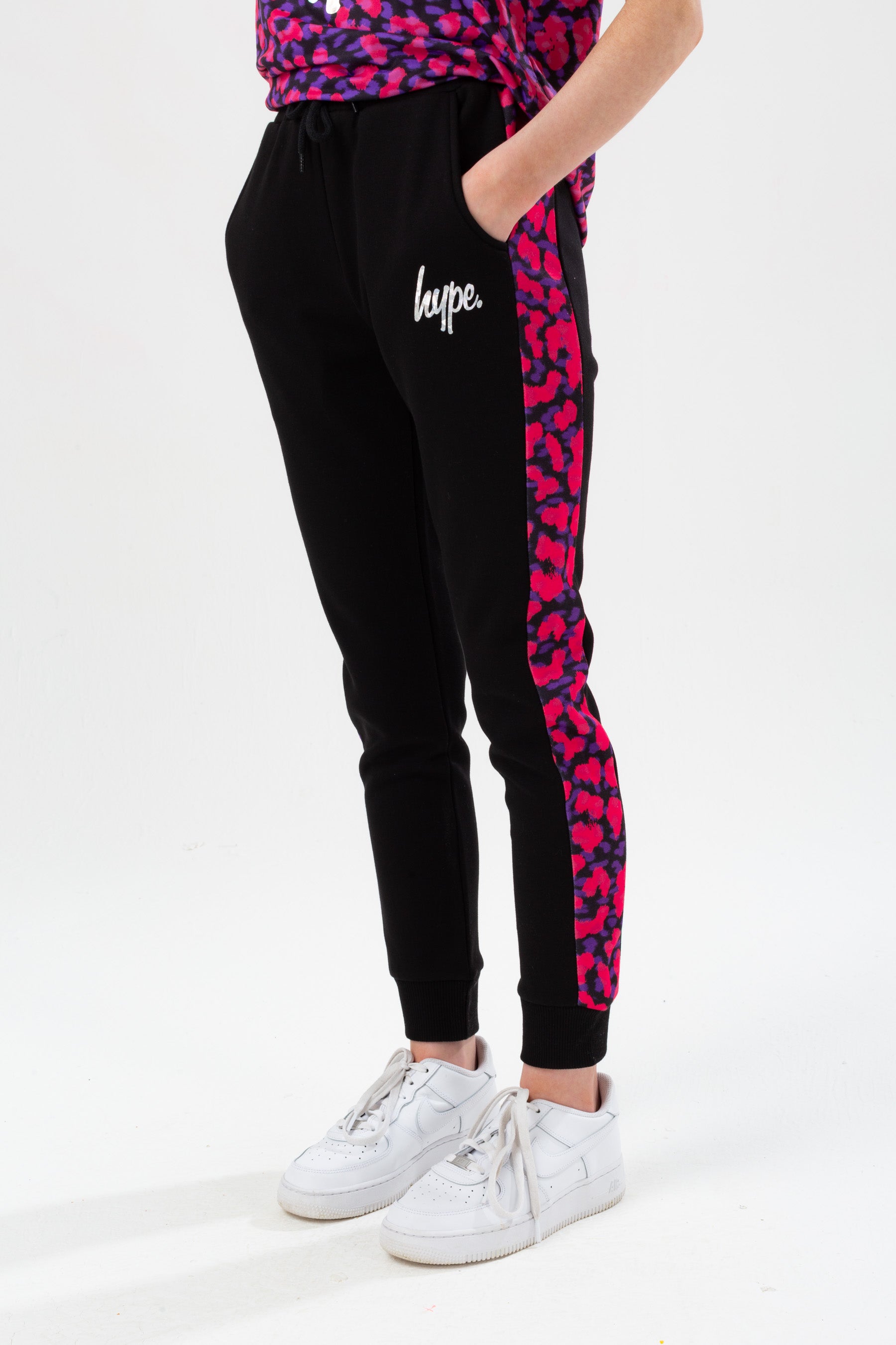 hype girls black neon cheetah panel script joggers