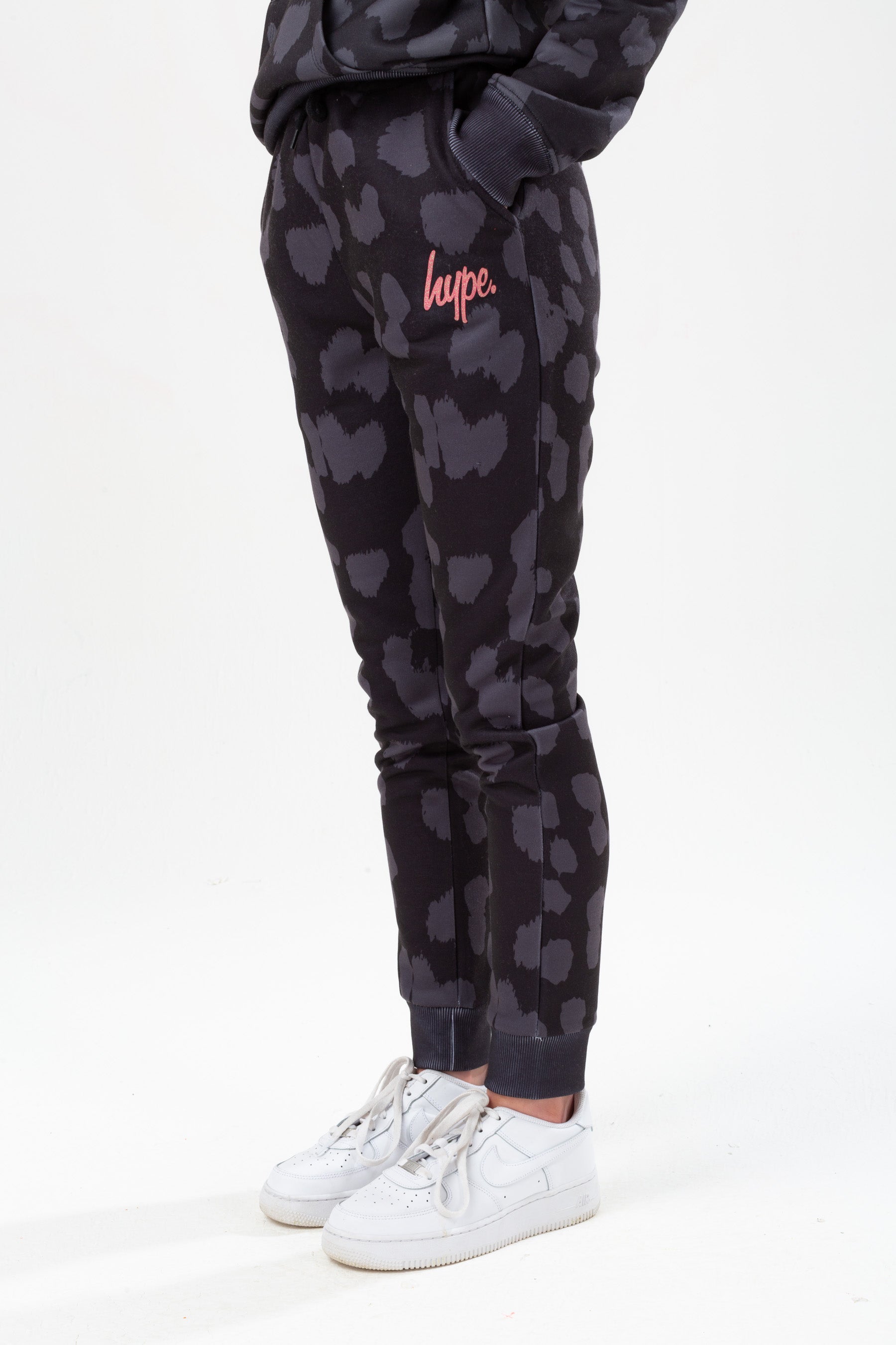 hype girls black cheetah pink foil script joggers