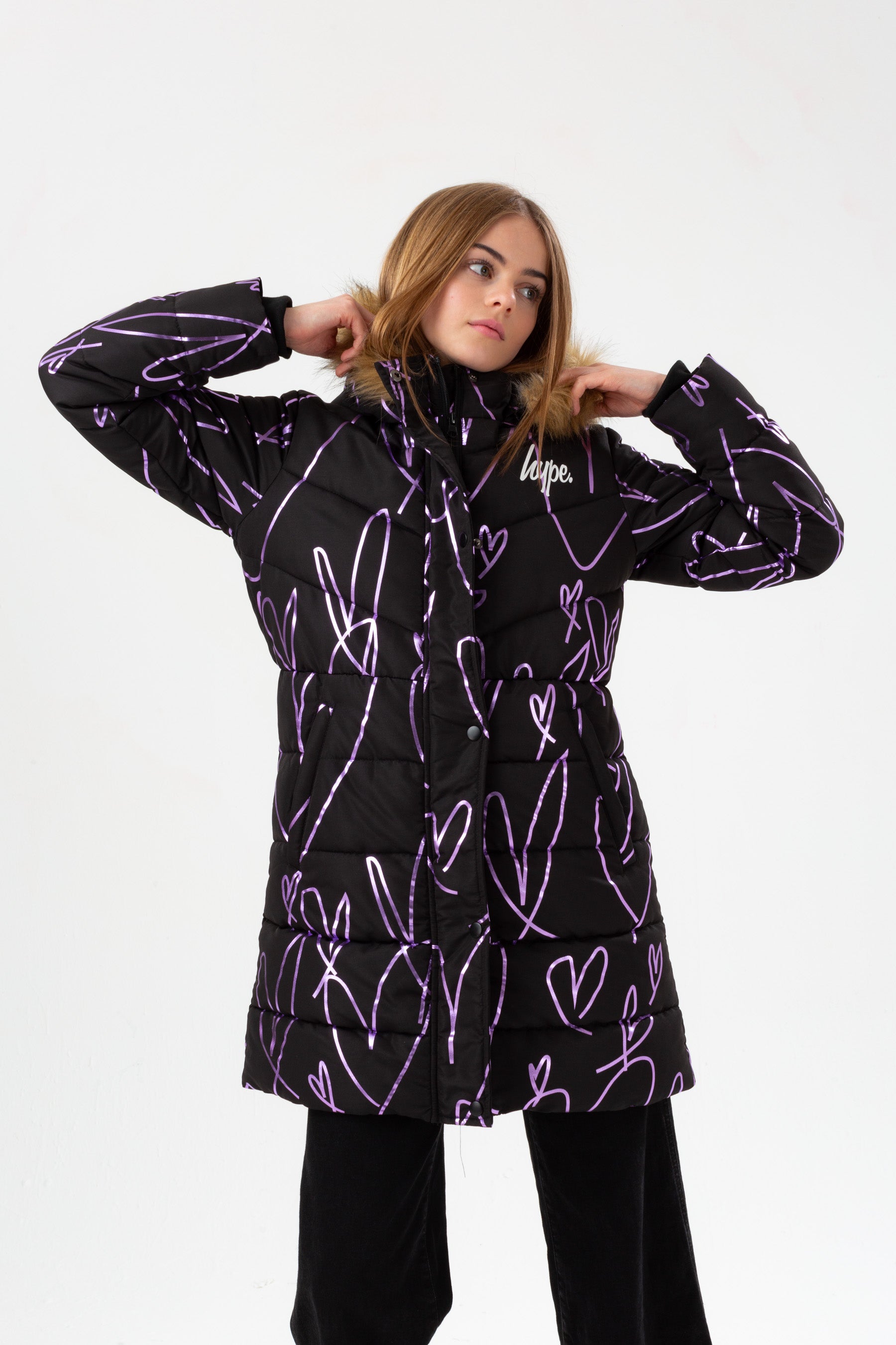 hype girls black sketch heart holographic parka script jacket