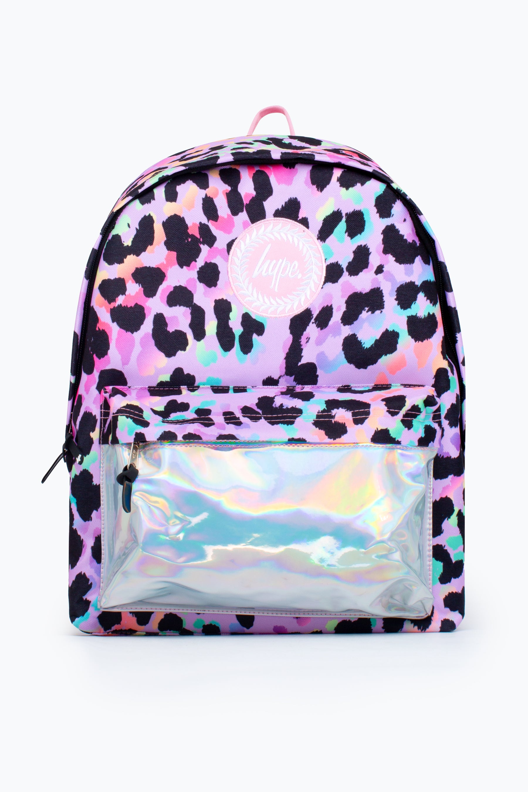 hype unisex purple rainbow leopard holographic pocket crest backpack