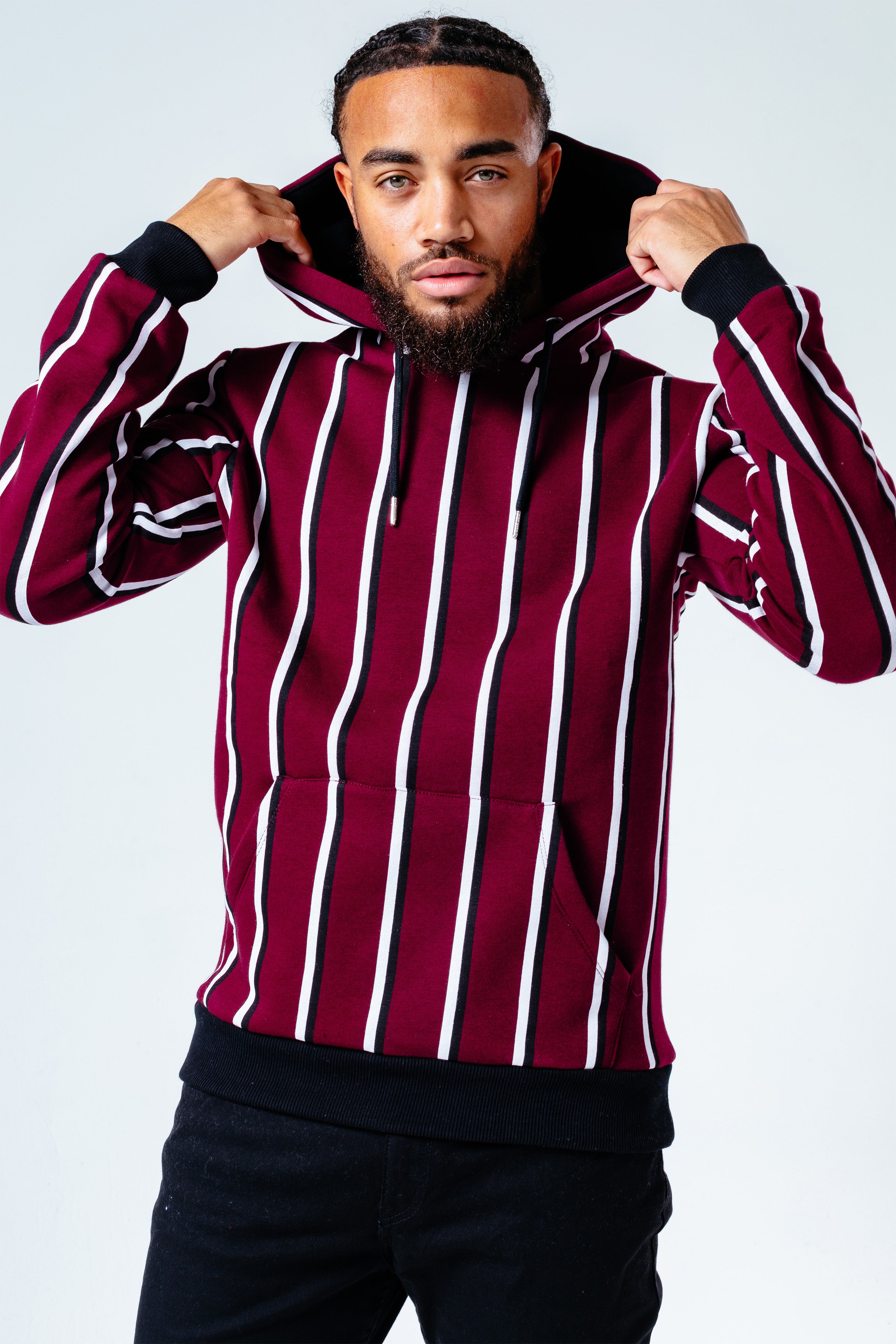 HYPE BURGUNDY STRIPE MEN'S PULLOVER HOODIE