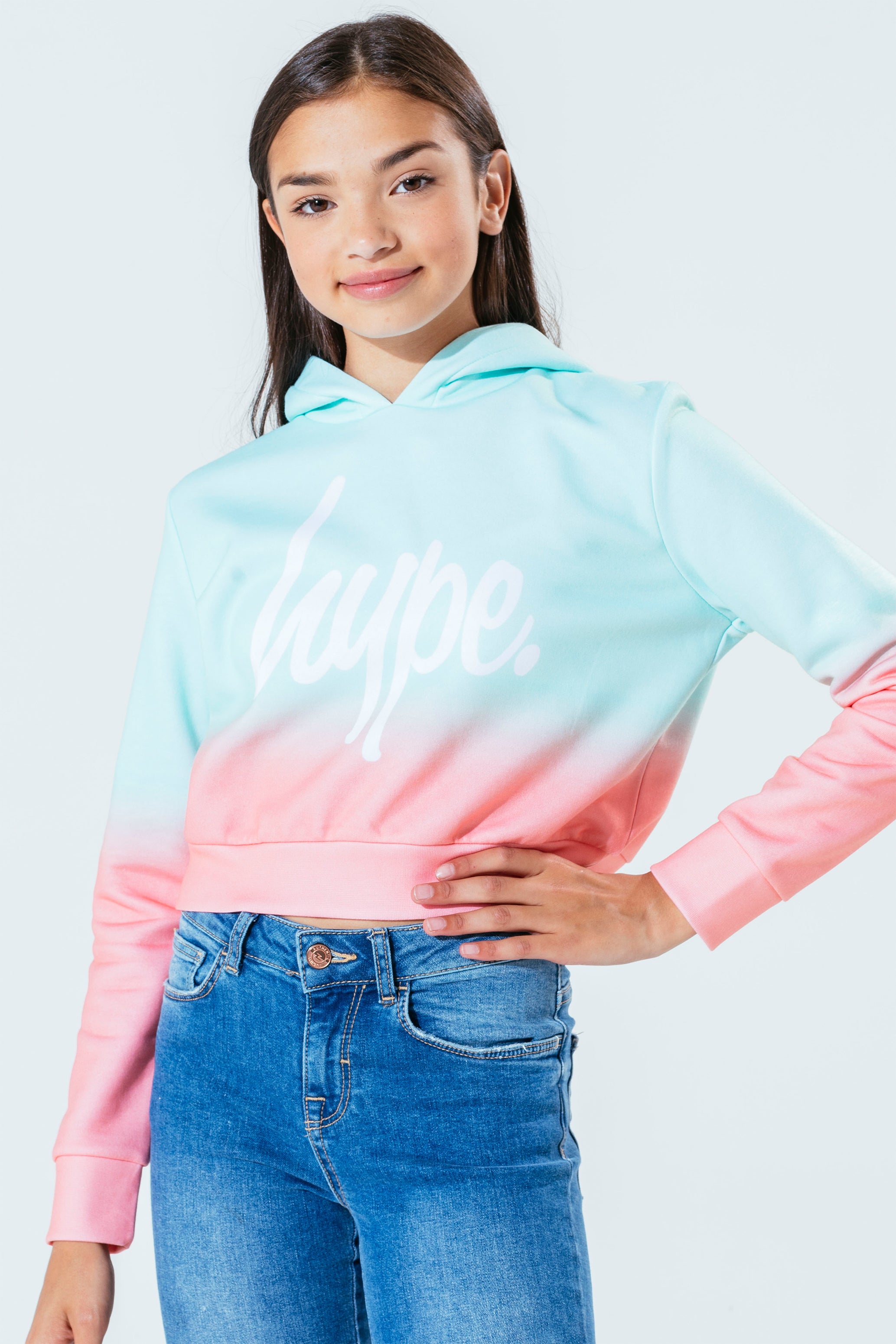 hype mint & peach fade script girls crop pullover hoodie