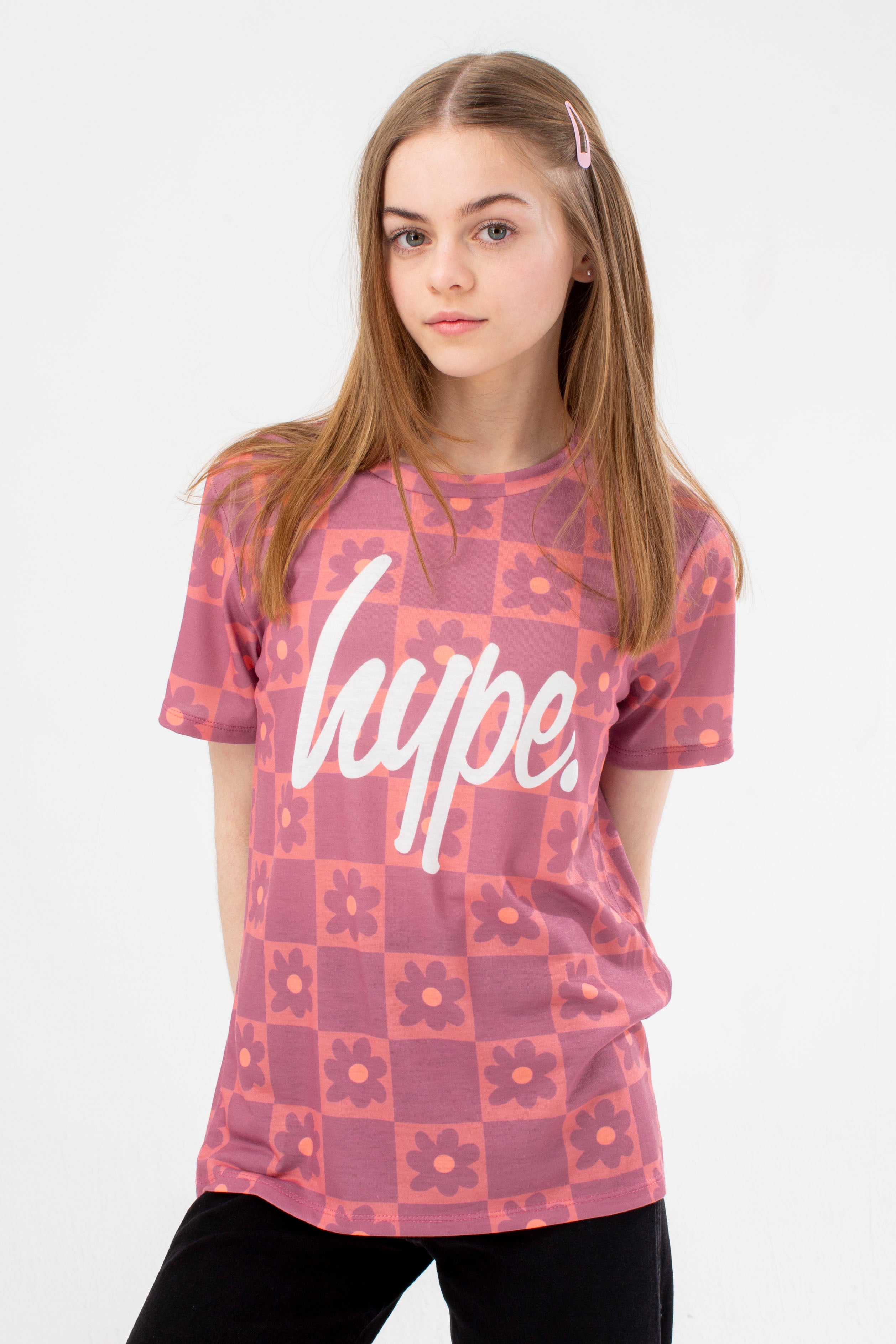 hype girls purple daisy check script t-shirt