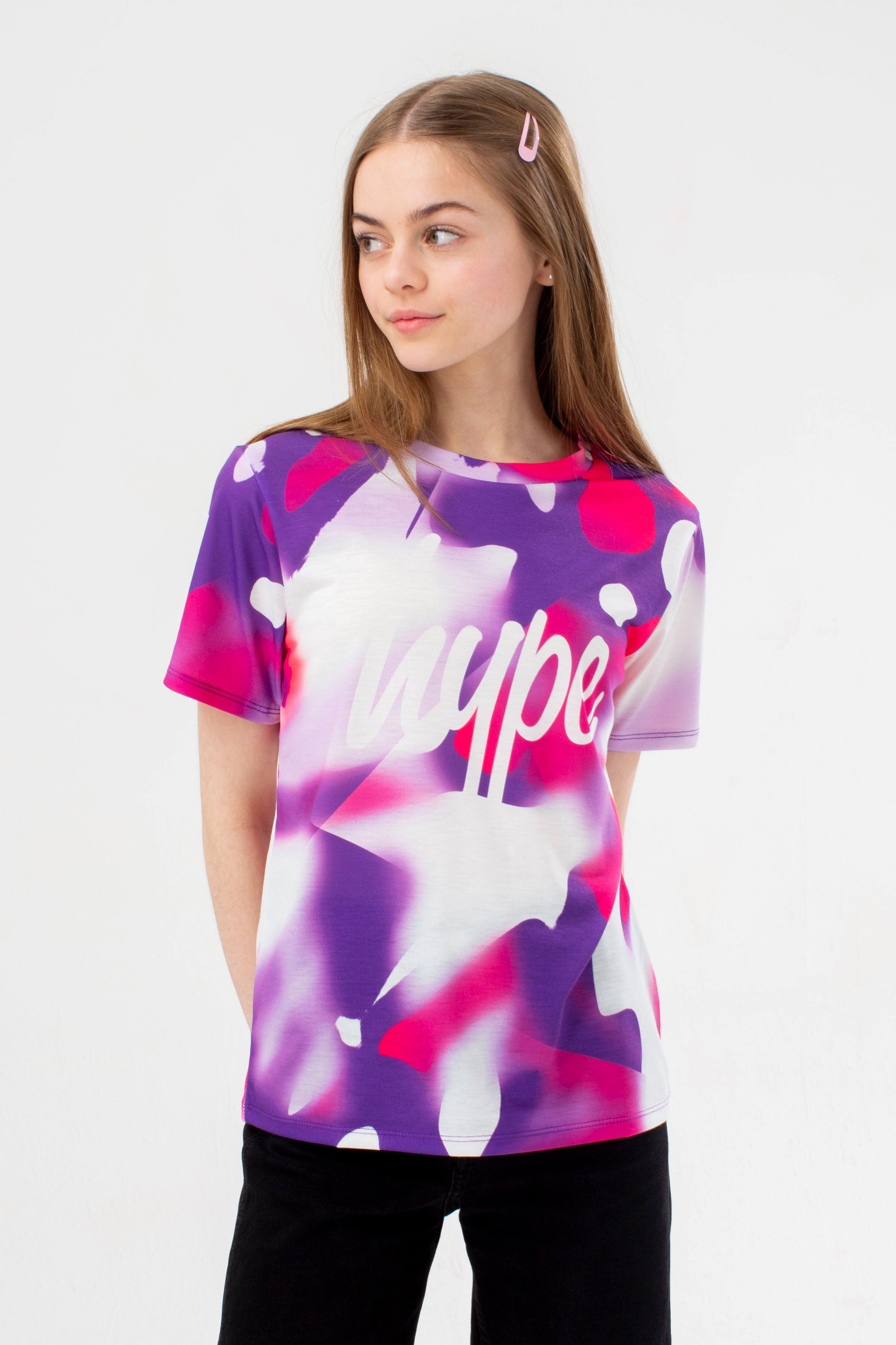 hype girls purple neon spray script t-shirt