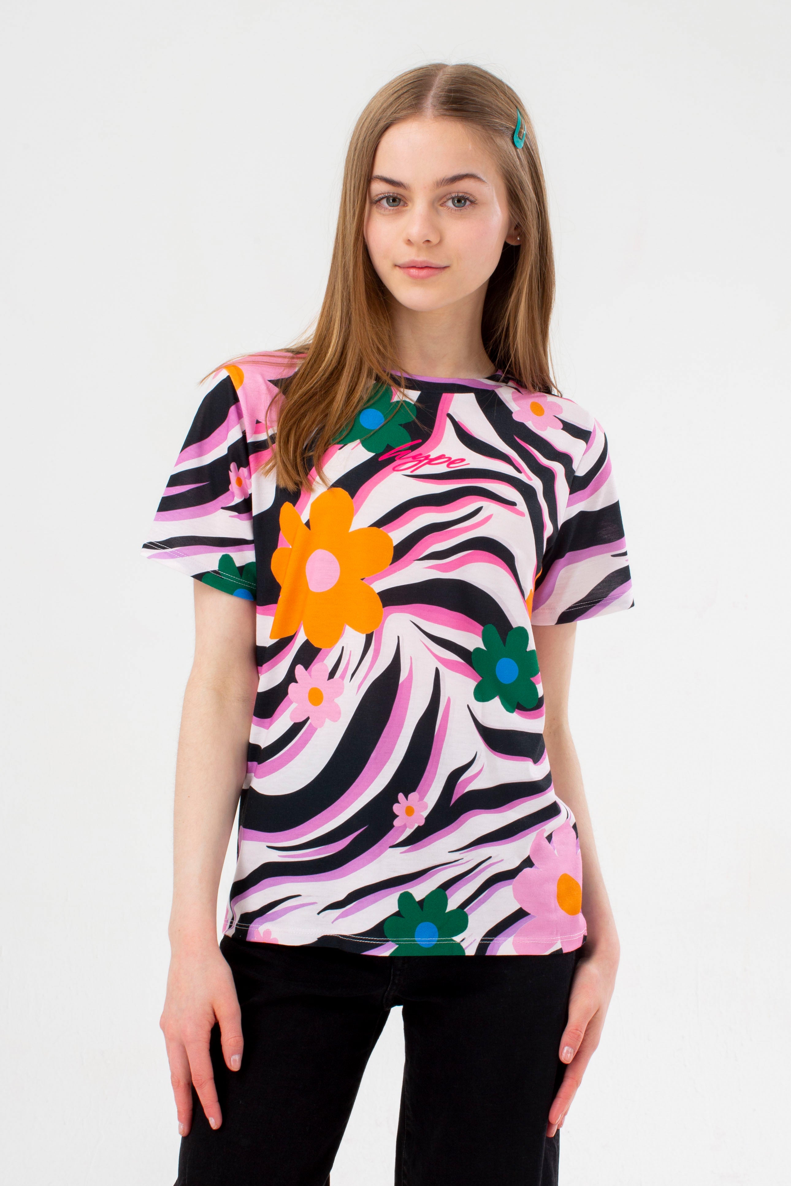 hype girls pink zebra daisy wave scribble t-shirt