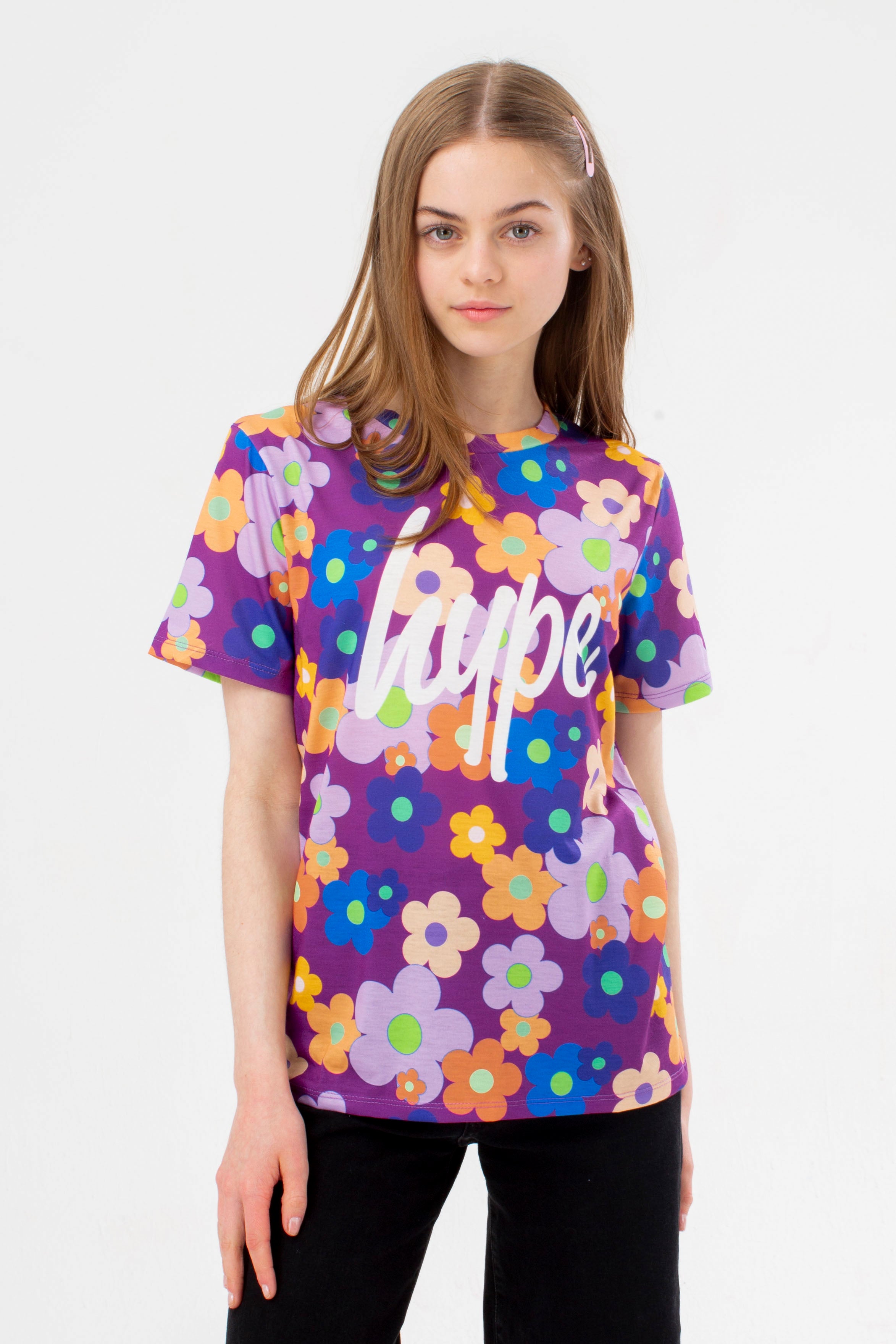 hype girls purple flower garden script t-shirt