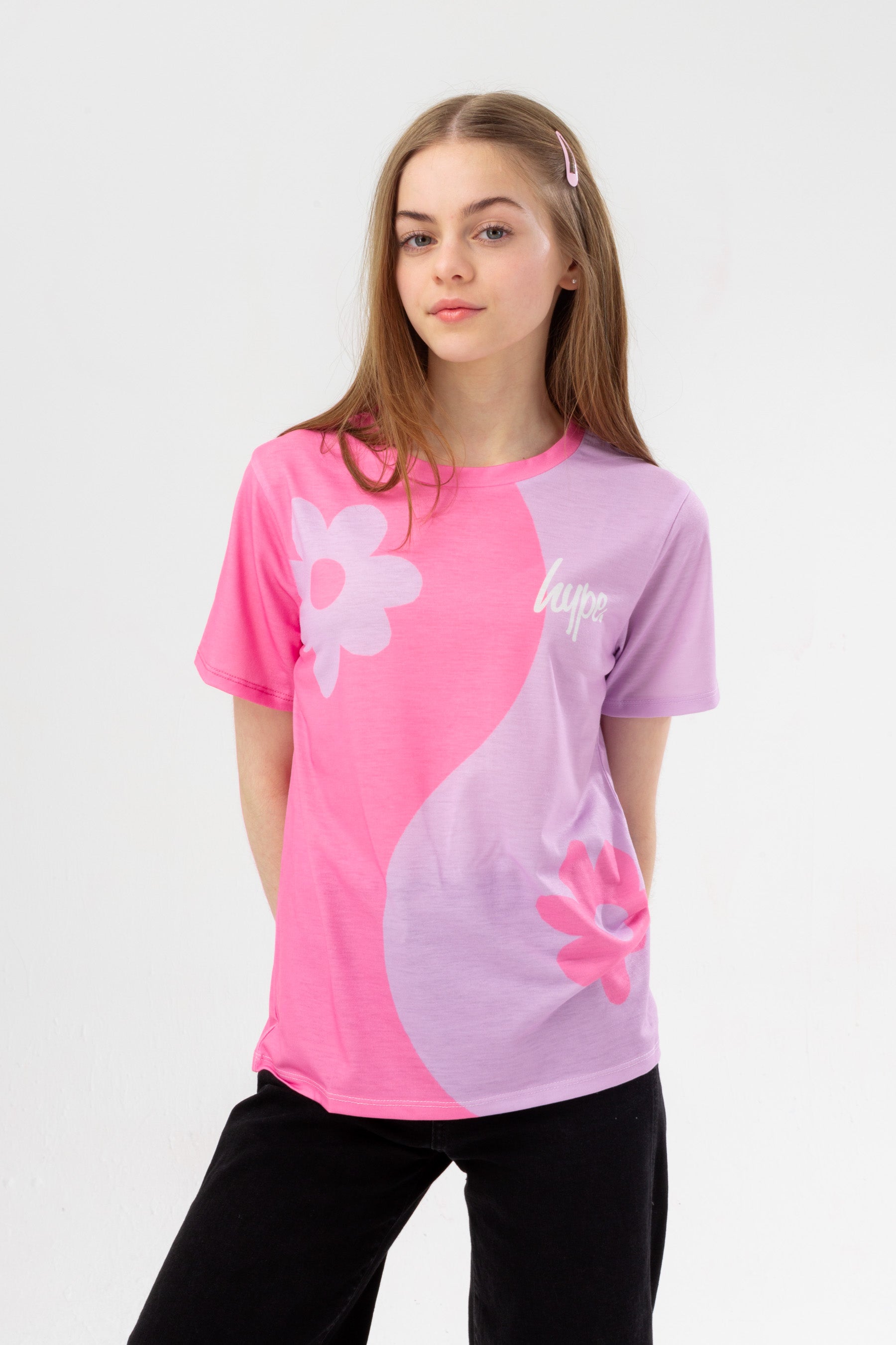 hype girls pink floral ying yang script t-shirt