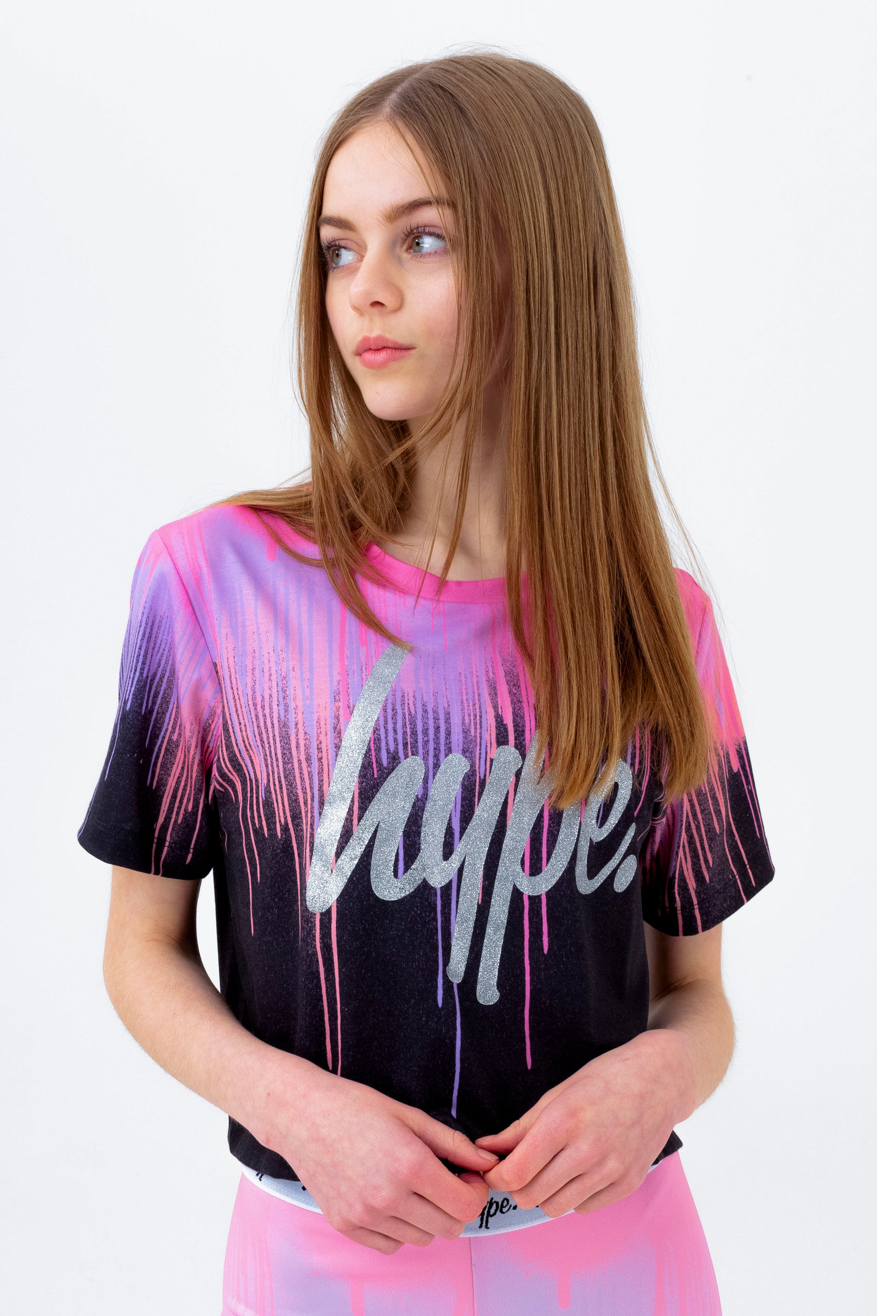 hype girls pink drips script crop t-shirt