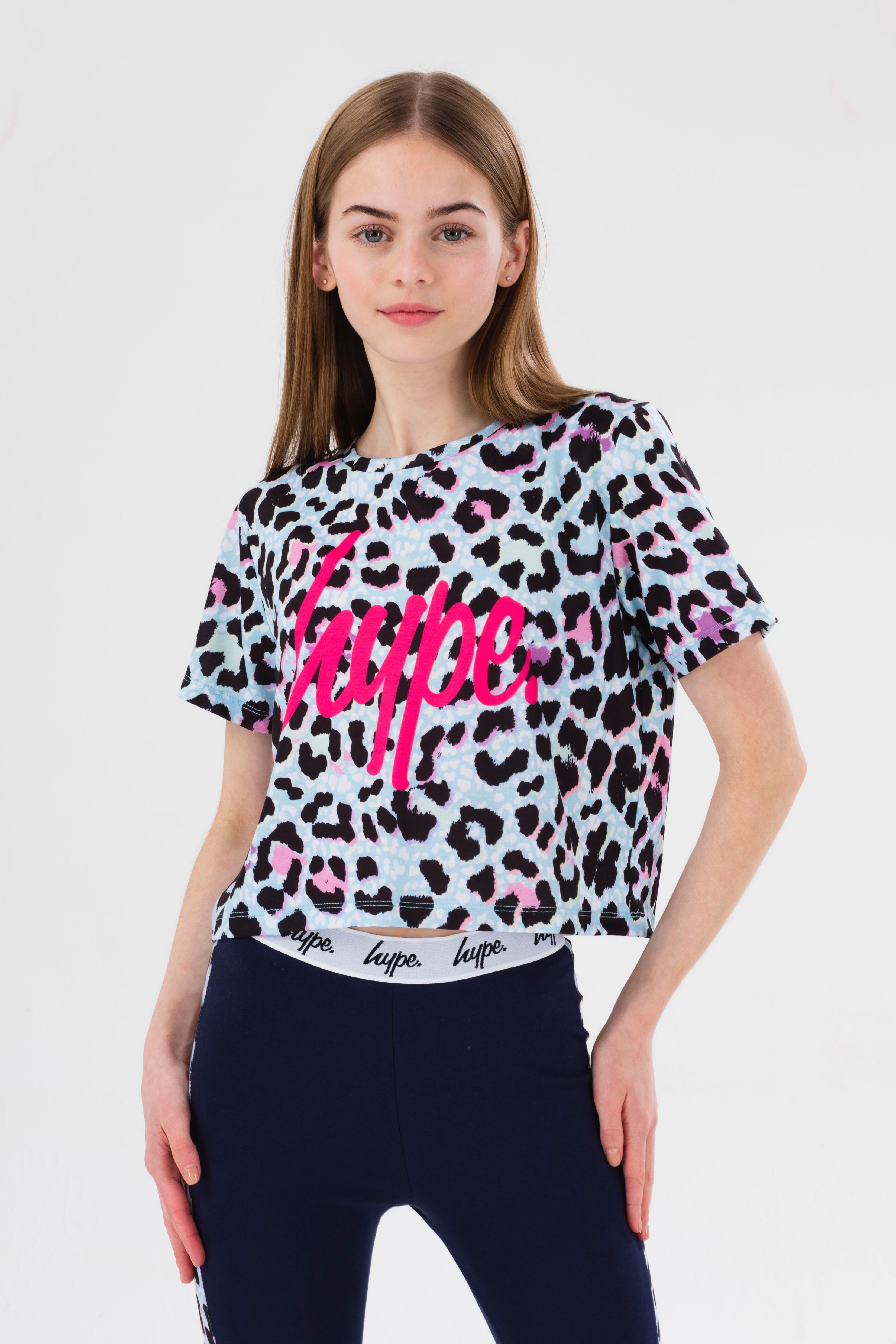hype girls blue leopard script crop t-shirt