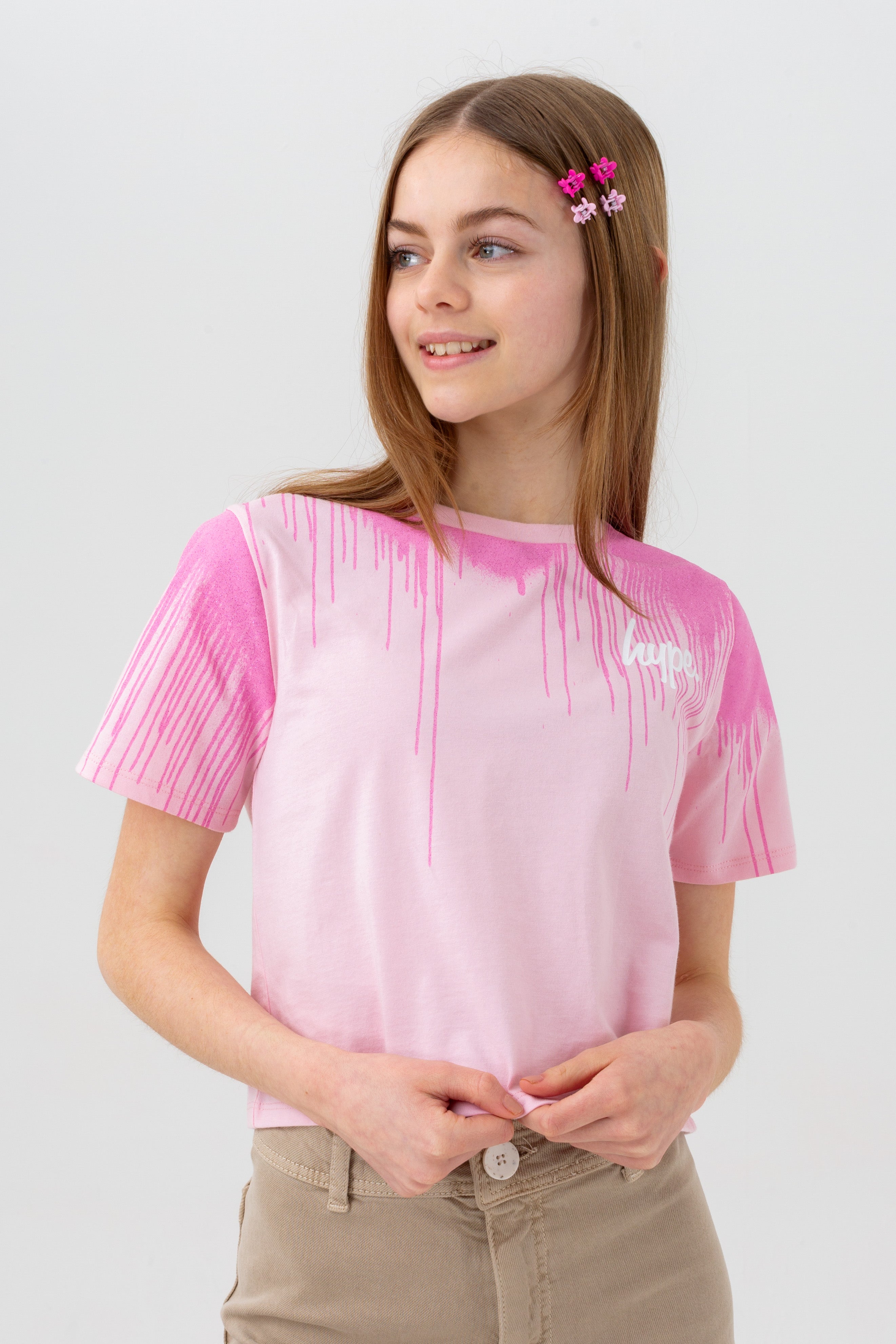 hype girls pink glitter drips script crop t-shirt