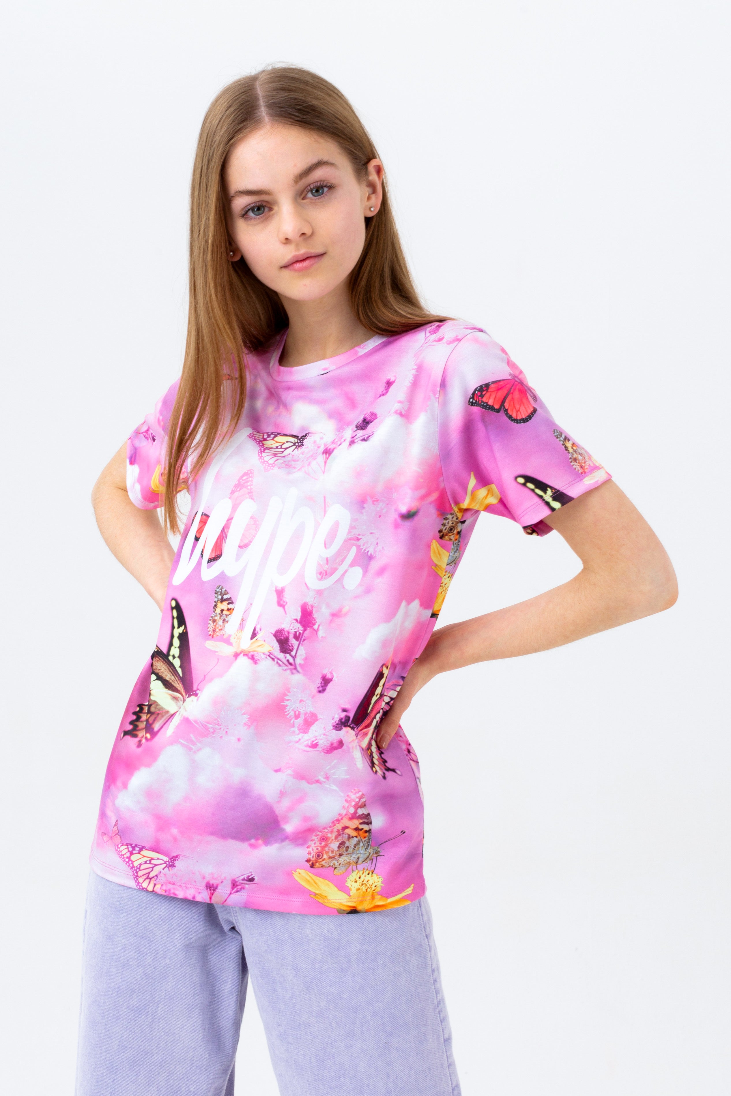 hype girls pink butterfly garden script t-shirt