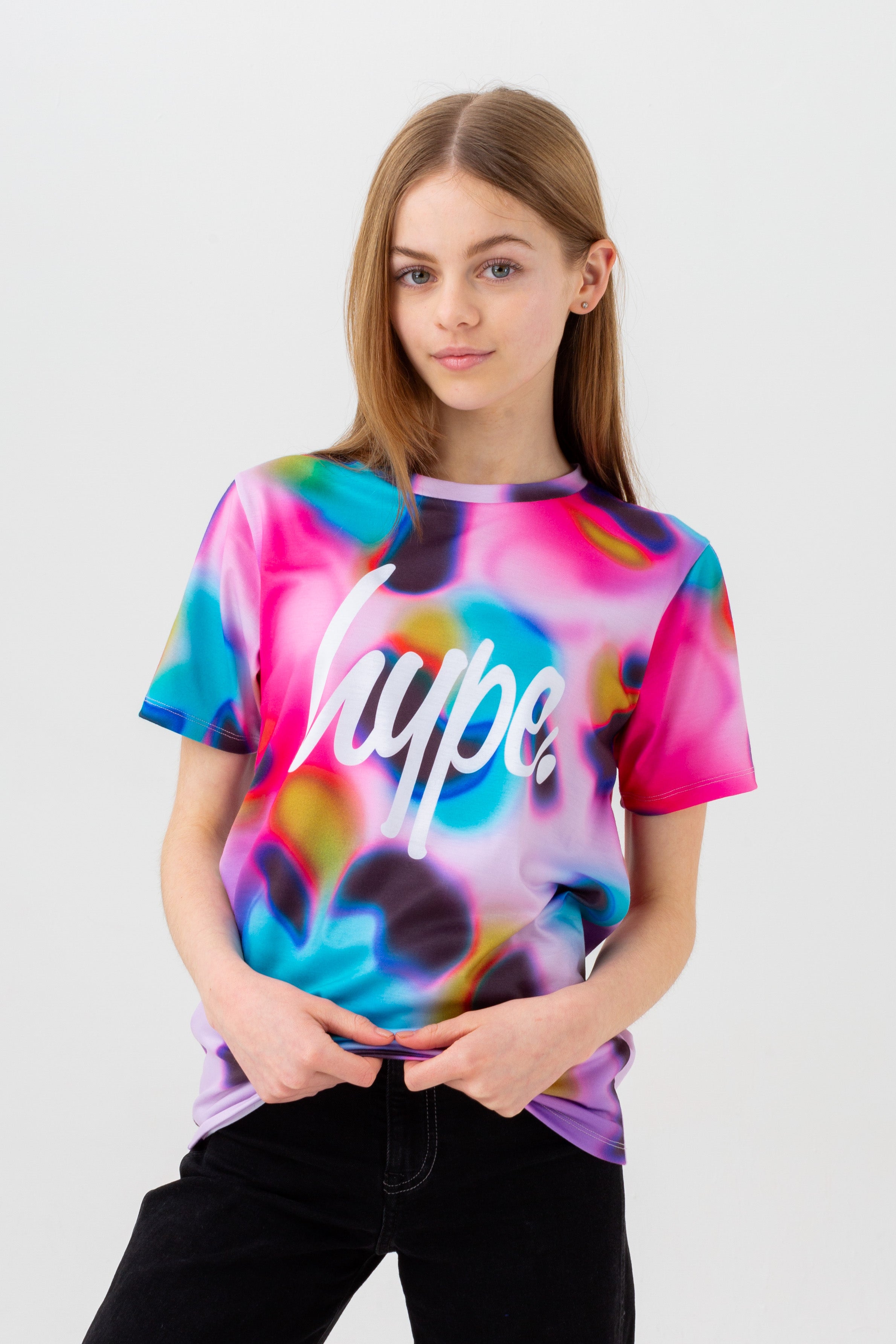 hype girls pink neon spots script t-shirt