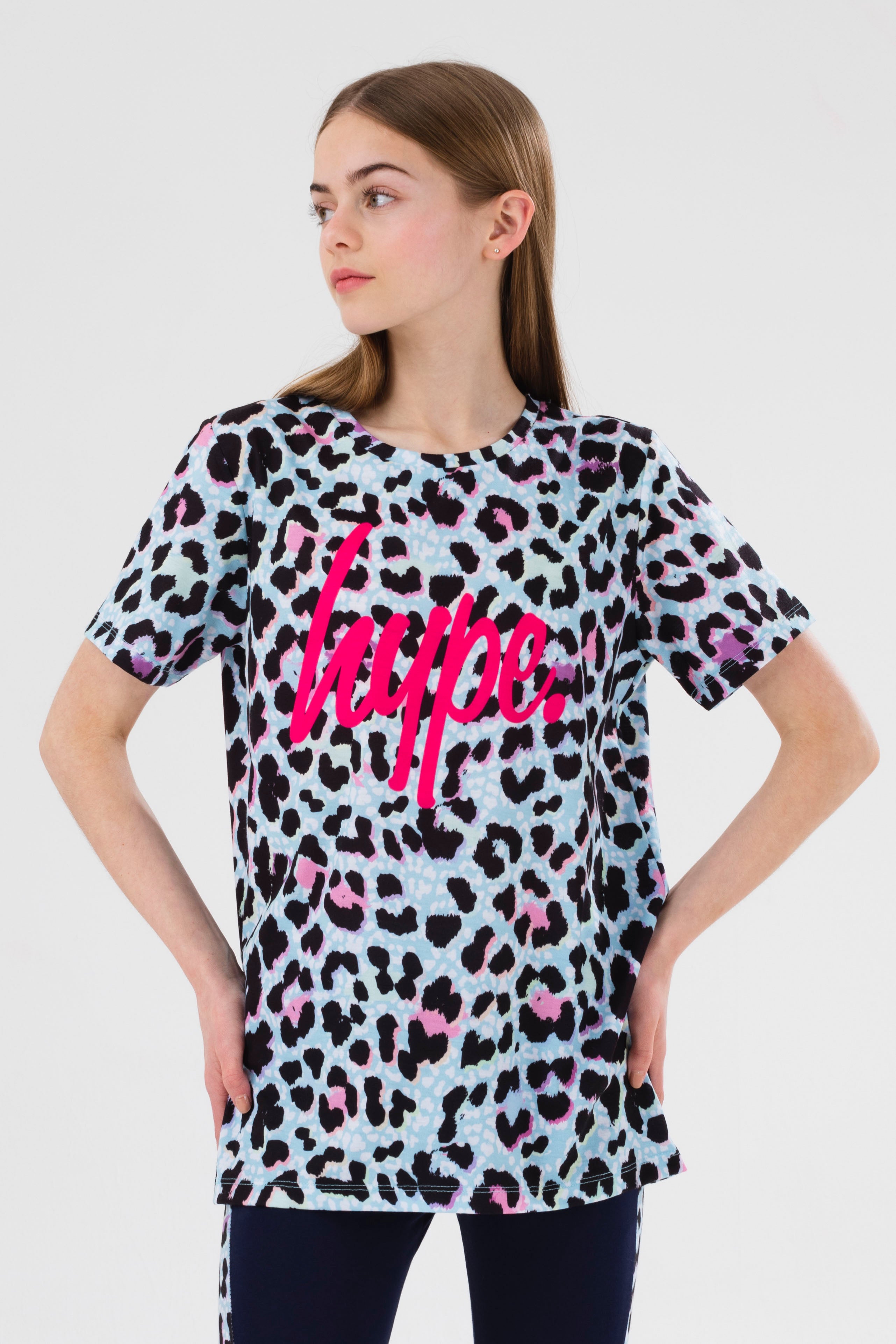 hype girls blue ice leopard script t-shirt