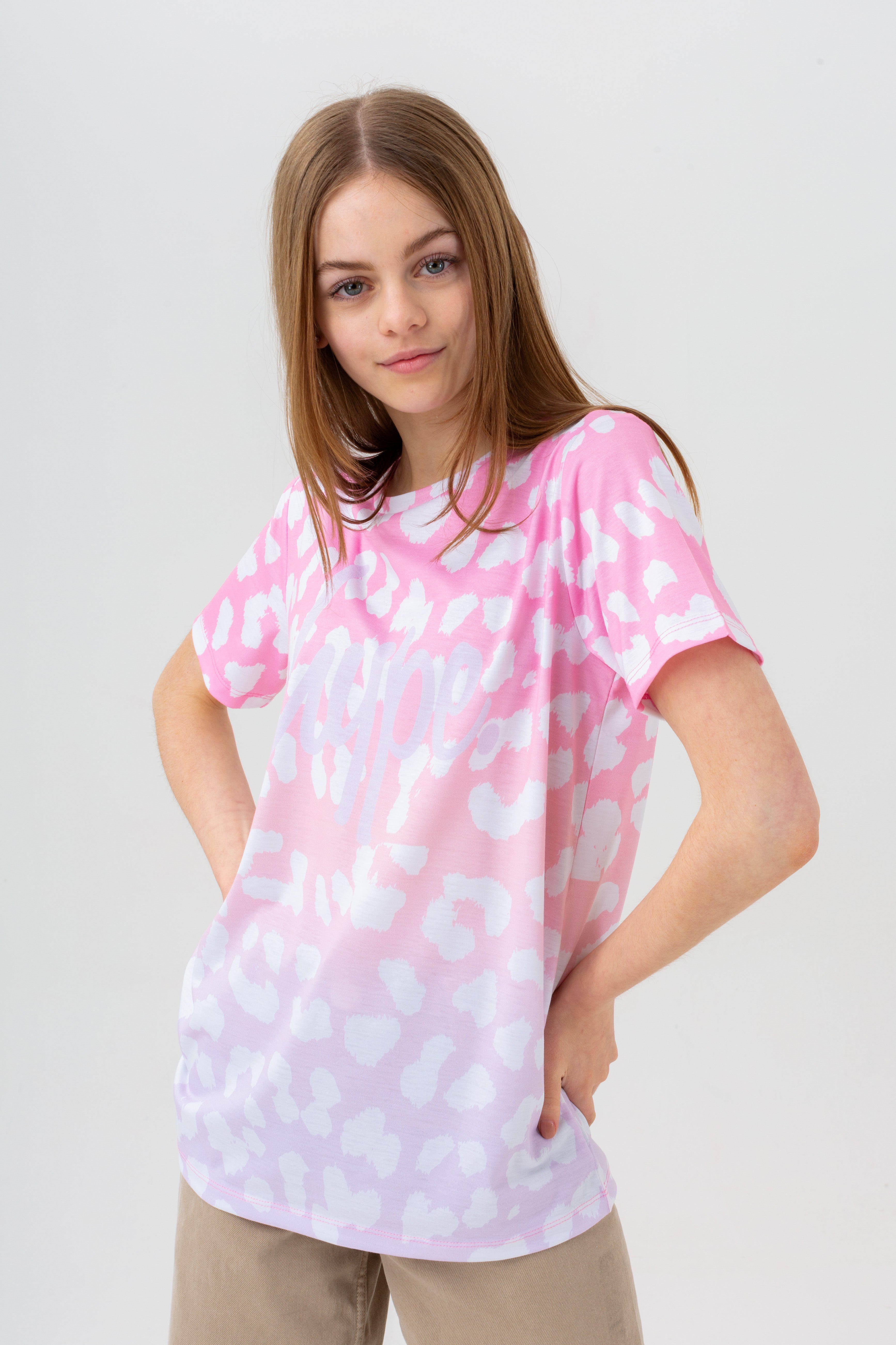 hype girls pink leopard fade script t-shirt
