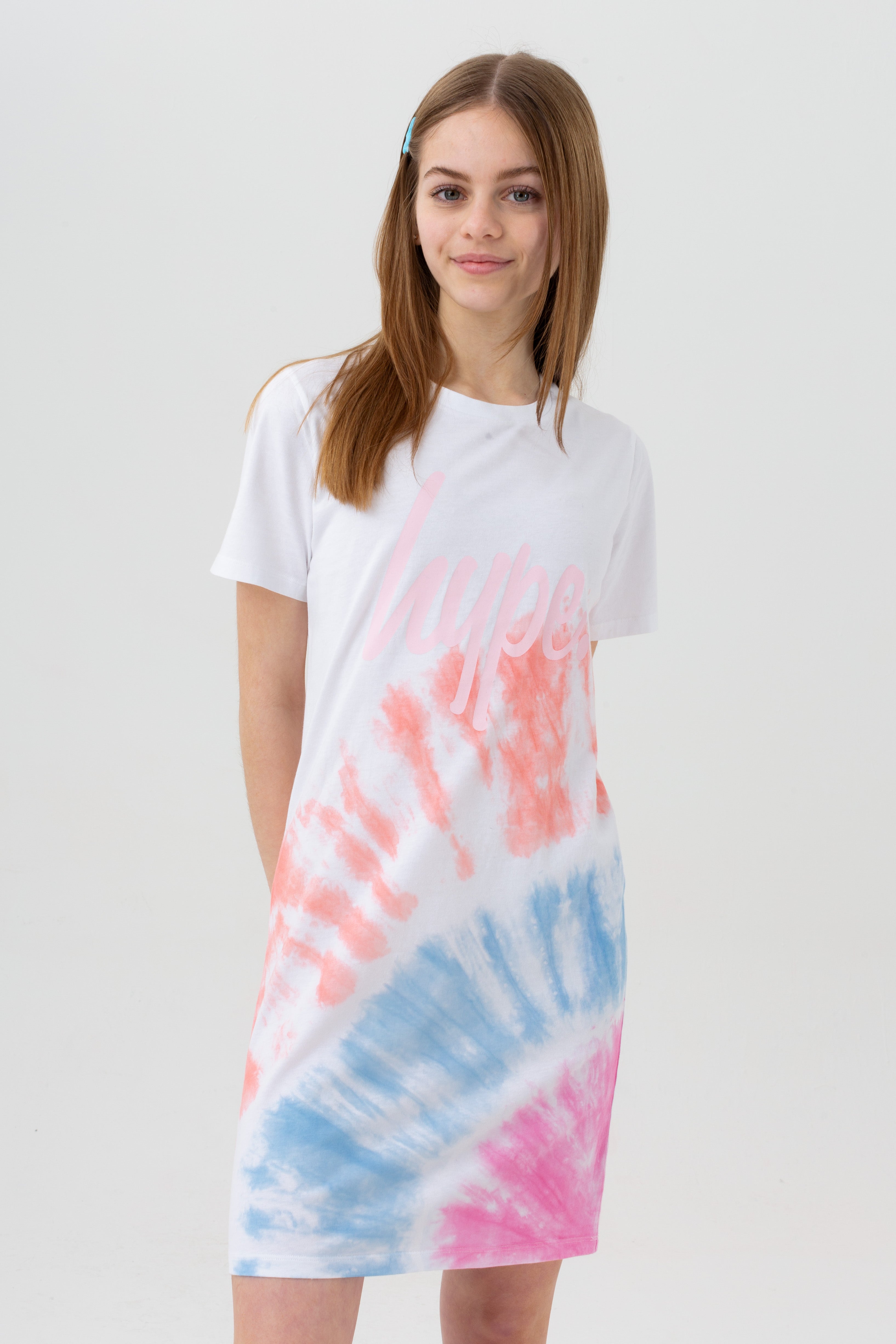 hype girls white blush dye script tee dress