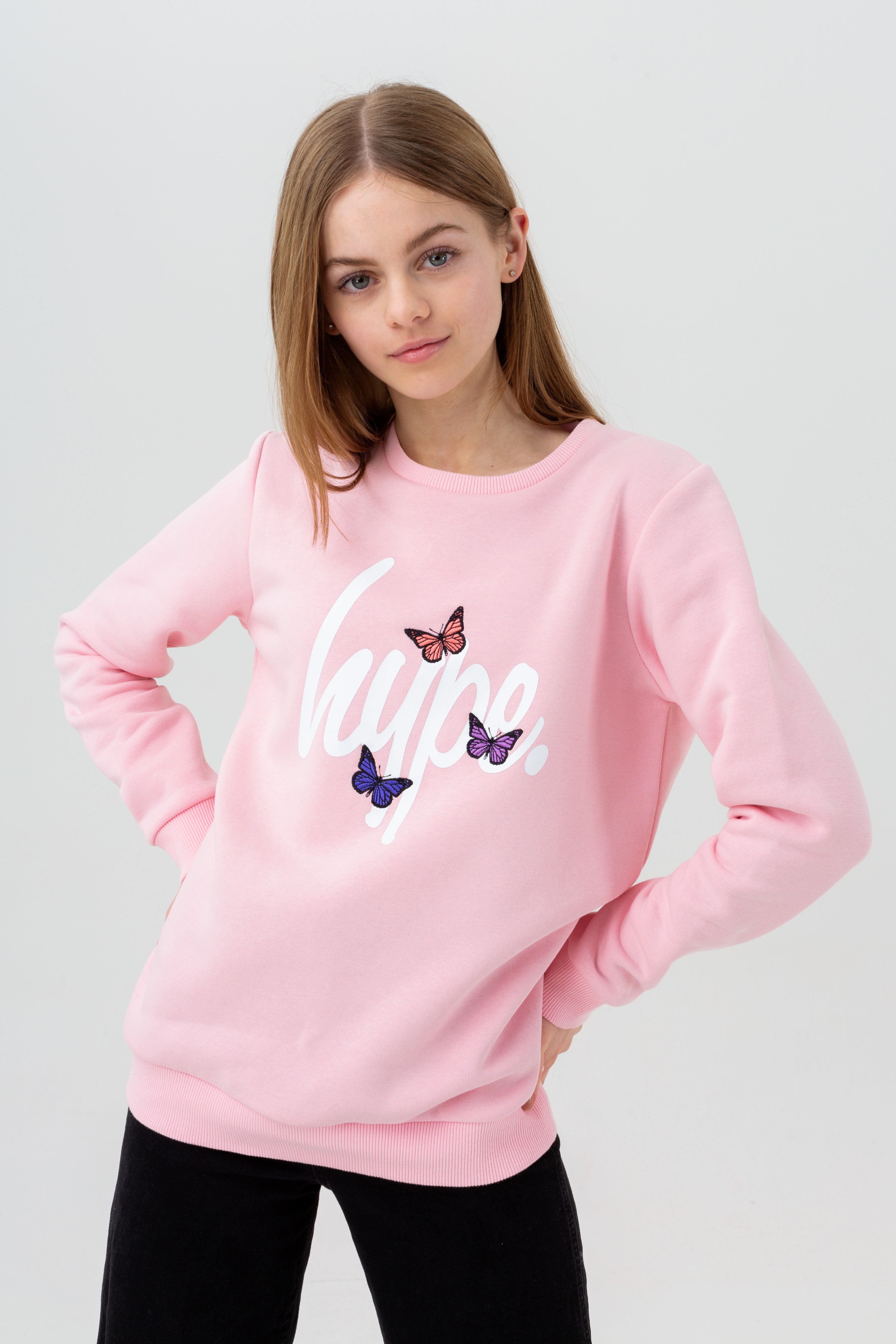 hype girls pink butterfly script crew neck