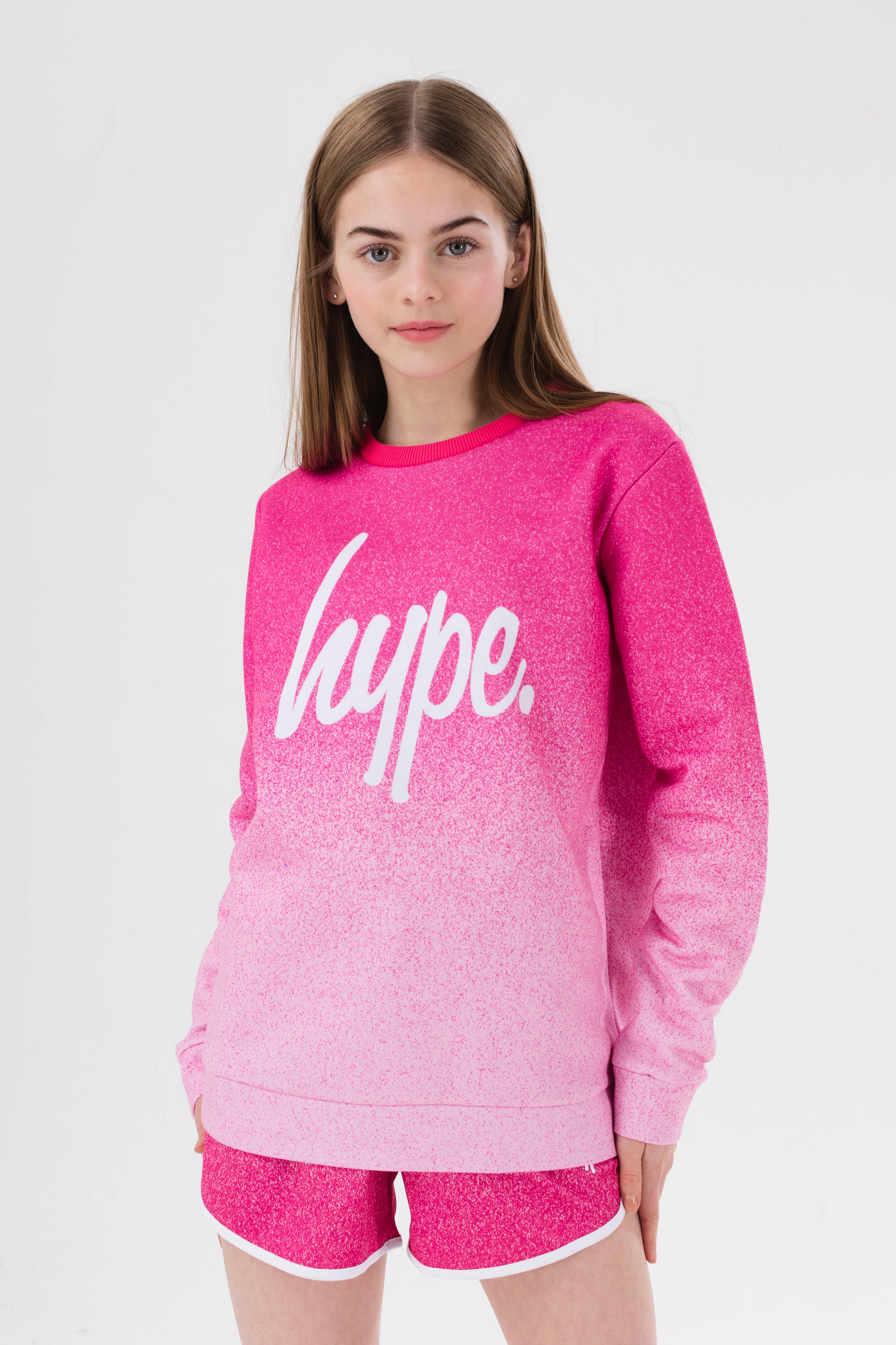 hype girls pink speckle fade script crew neck